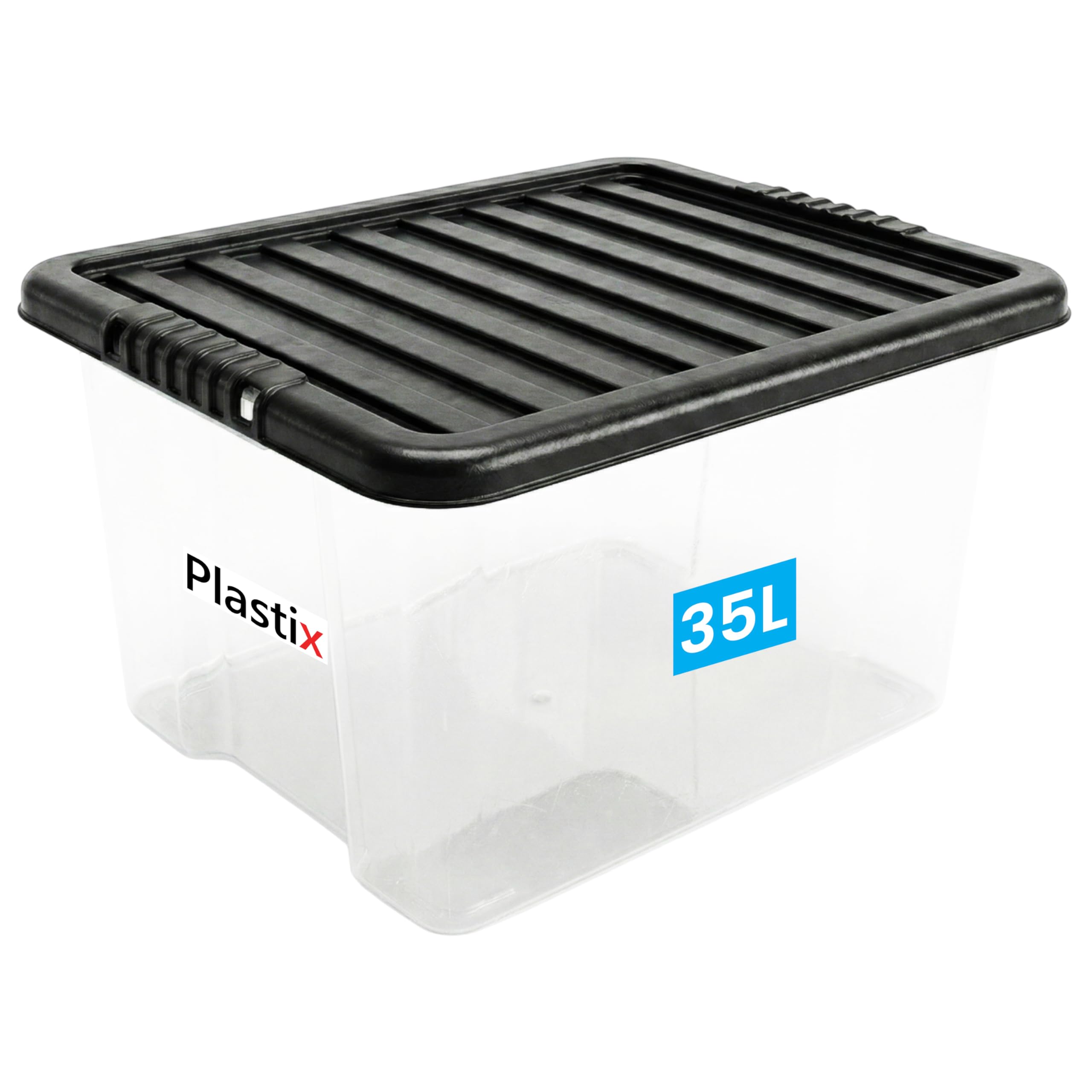 Plastix Clear Plastic Storage Box Boxes With Black Lids Home Office Stackable UK Made (1, 35L)