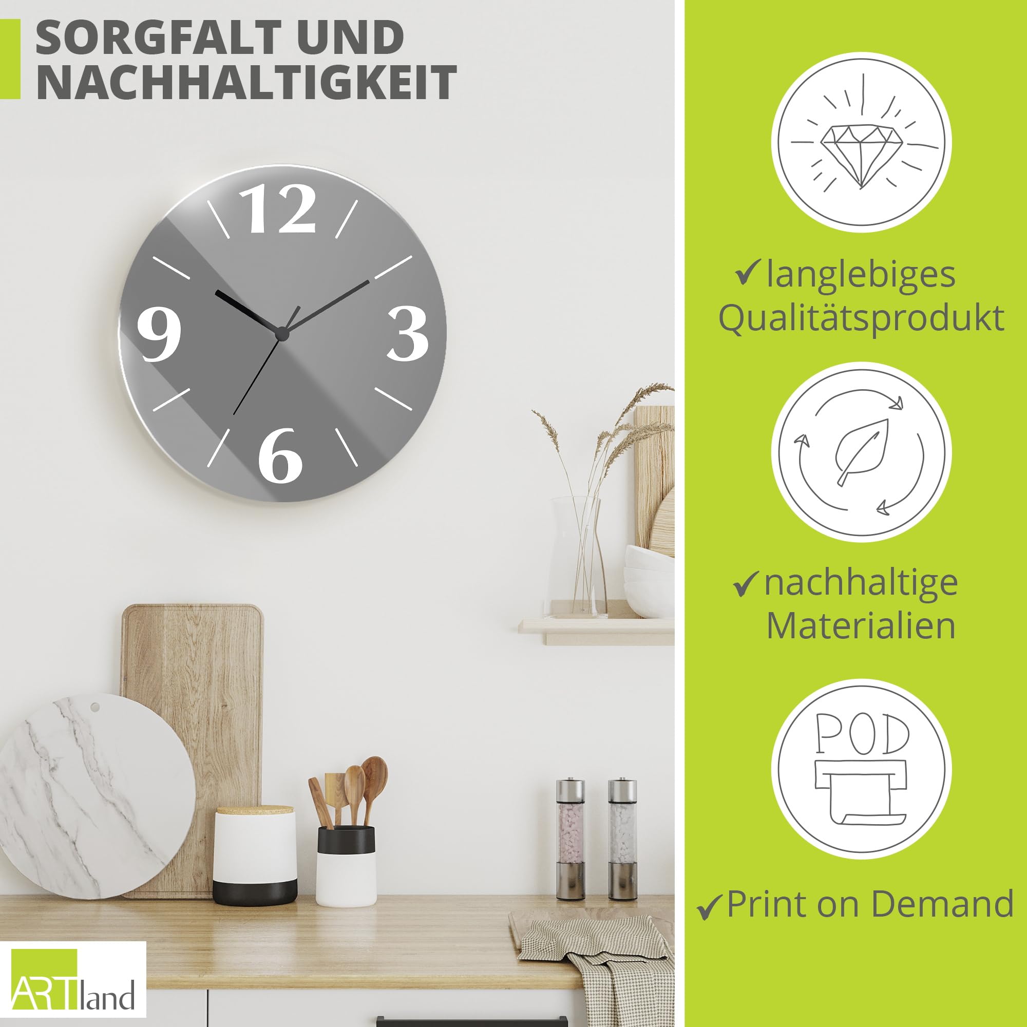 ARTLAND Wanddeko Wanduhr ohne Tickgeräusche aus Glas Funkuhr Ø 30 cm Rund Lautlos Trendfarbe Grau S7KC
