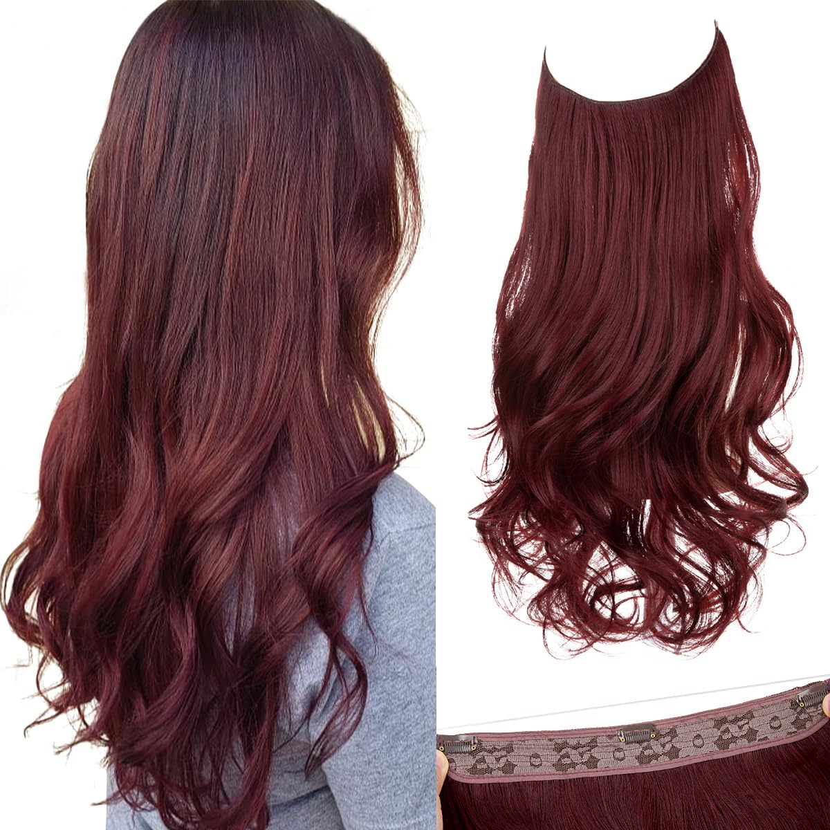 SARLA Invisible Wire Hair Extensions with 3 Clips Long 18 Inch Synthetic Wavy Curly Hairpiece for Women Adjustable Transparent Headband Wine Red