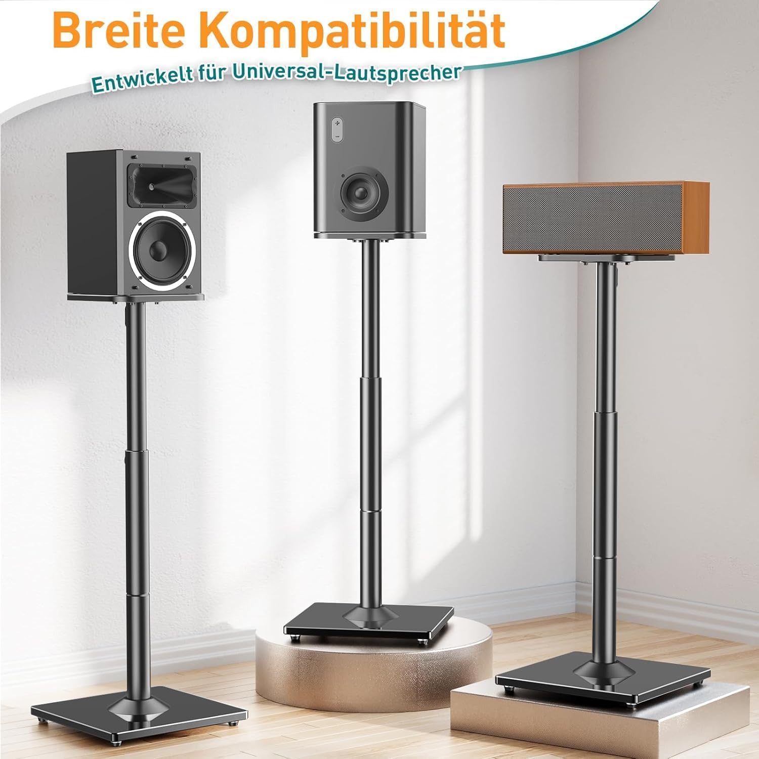 ELIVED Universal Lautsprecherständer höhenverstellbar bis 95cm, Boxenständer mit Glassockel & interner Kabelkanal für Regallautsprecher, 10kg Tragkraf, Schwarz, 1 Paar