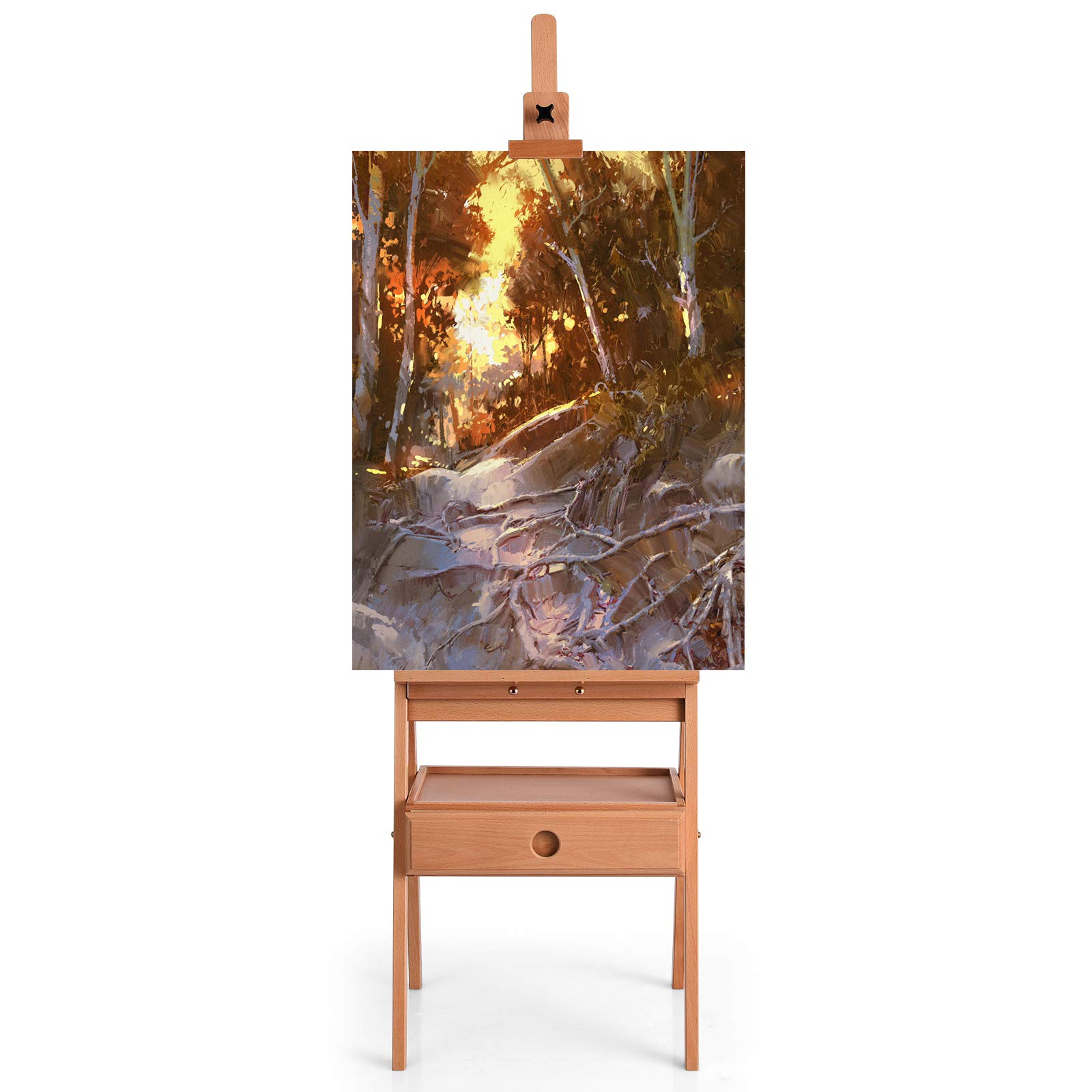 COSTWAY Cavalletto Pittura Legno con Cassetto e Vassoio, Cavalletto Disegno per Dipingere, Pittore Altezza Regolabile, 44x44x(149,5-193,5) cm