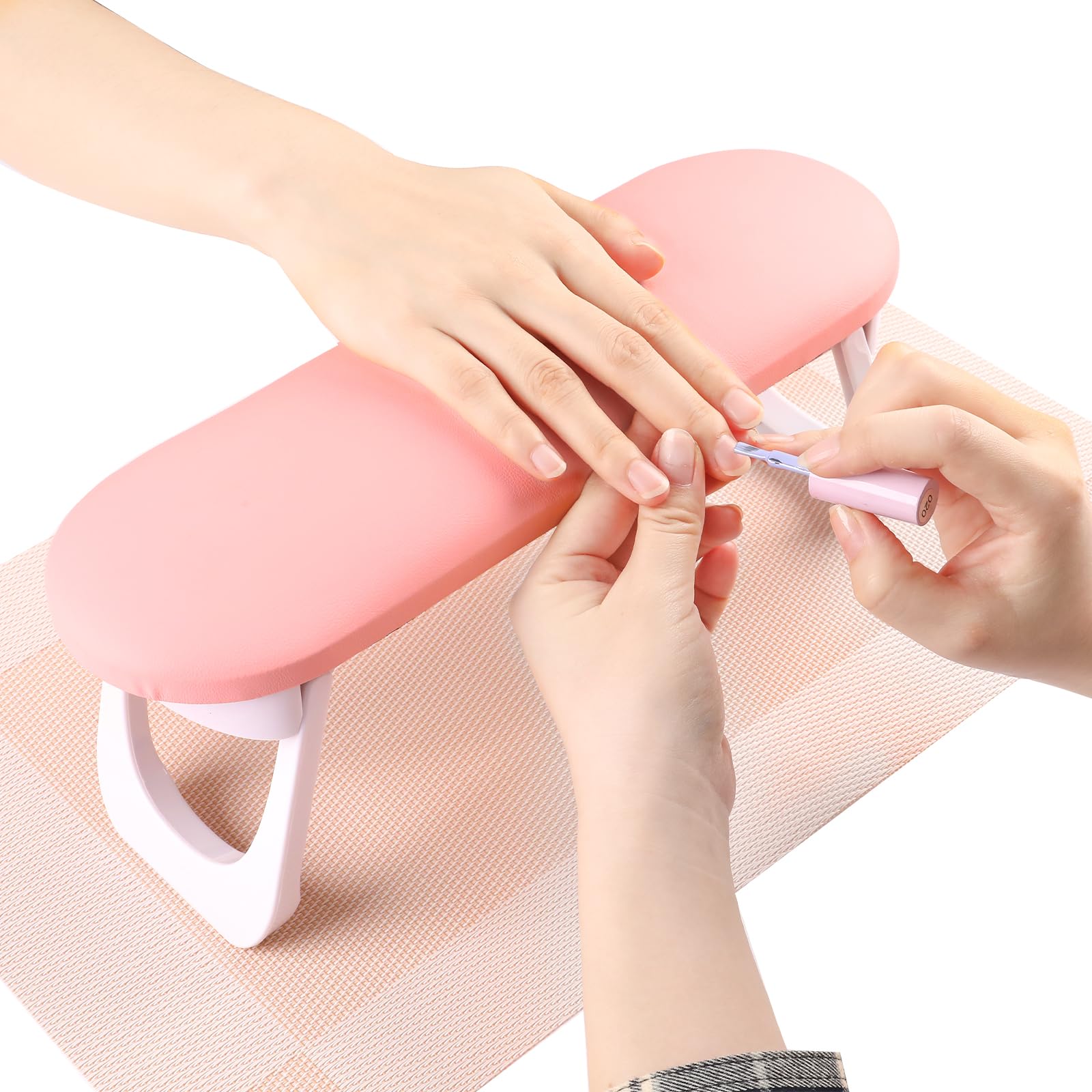 Reposabrazos para uñas, profesional plegable de piel sintética con mantel de PVC para uñas acrílicas, almohada de mano suave antideslizante para uso en salón de manicura (rosa superior)