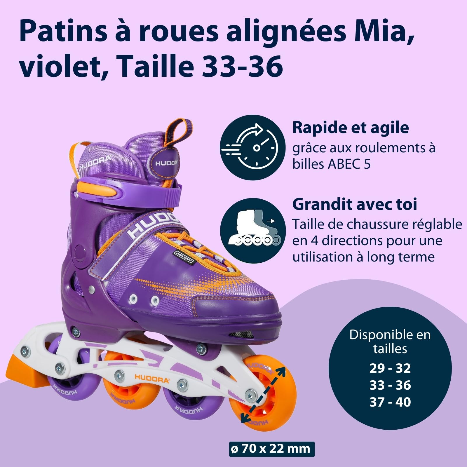 HUDORA Patins à roulettes Mia/Leon réglables en 4 Tailles Enfants Adultes