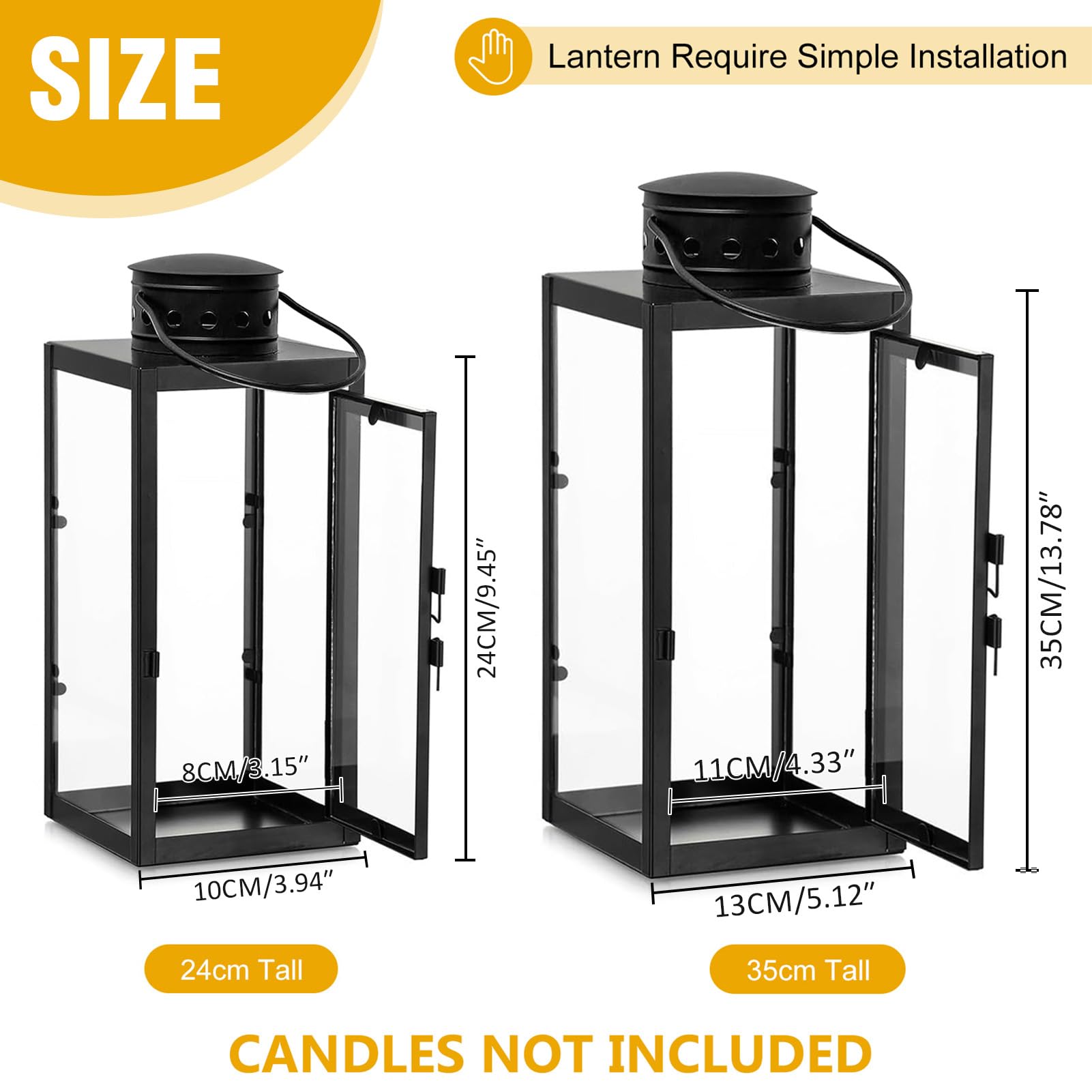 Lot de 2 Lanternes pour Bougies (24 + 35 cm de Haut) - Lanternes de Jardin en métal pour l'extérieur - Grand photophore - Lanterne funéraire - Lanterne en Verre - Décoration de Noël - Noir