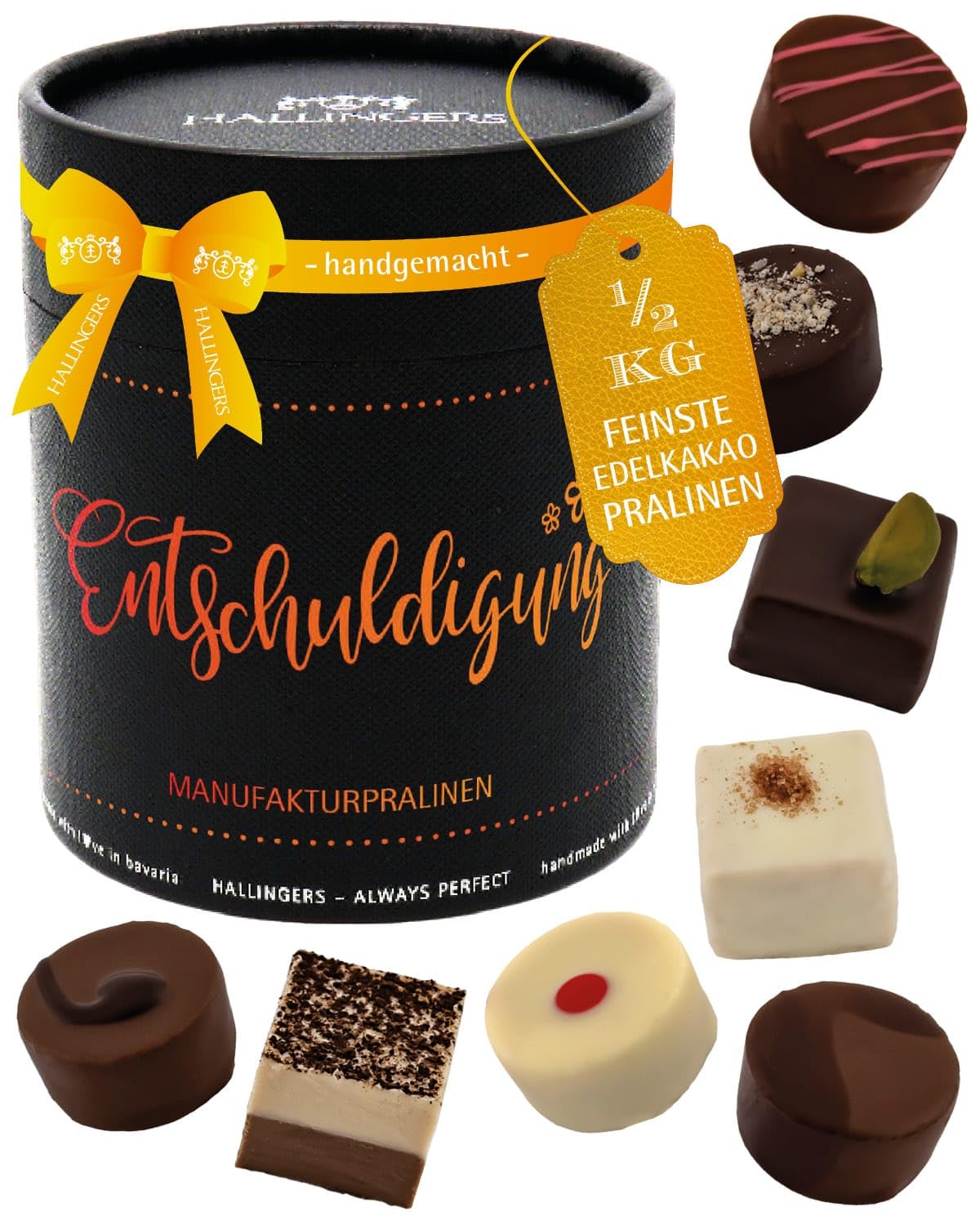 Hallingers Genuss Manufaktur Pralinen Glückwunsch-Geschenk - ohne Alkohol, handmade aus Confiserie-Edelkakao in wertiger XXL-Geschenkdose "Entschuldigung", Geschenkidee für Frauen Männer