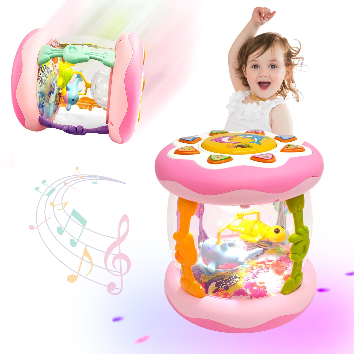 Yeefunjoy Juguete Musical Giratorio con Luces, Juguete Bebe 6-12 Meses Tambor de Aprendizaje para Gatear Niños 6 9 12 Meses, Sensoriales con Sonido y Luces Regalos para niños 1 2 3 Año (Rosa)