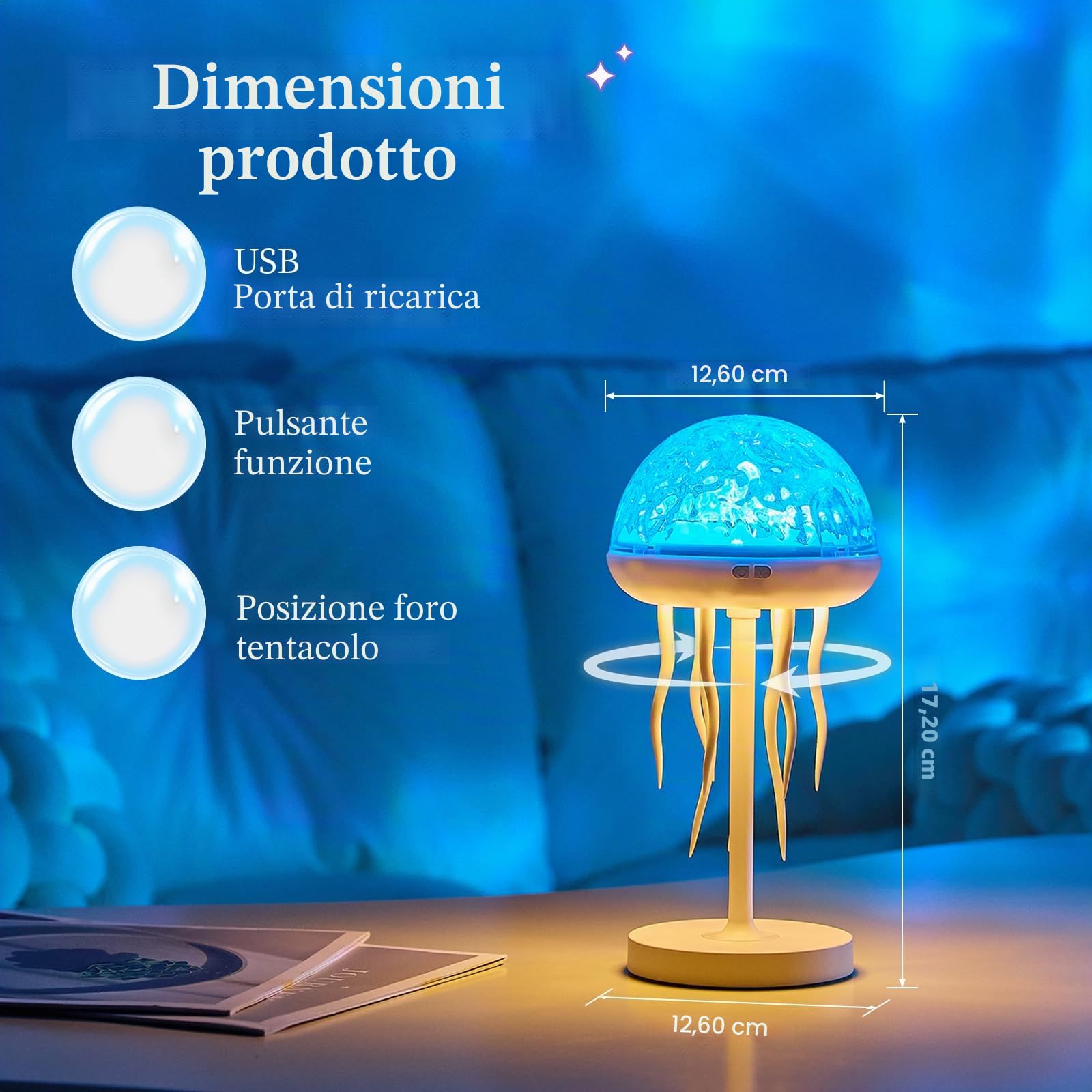 Lampada a forma di medusa, proiettore di onde dell'oceano con meduse, luce notturna USB, lampada d'atmosfera con tentacoli danzanti, proiettore da soffitto a 7 colori, luci settentrionali