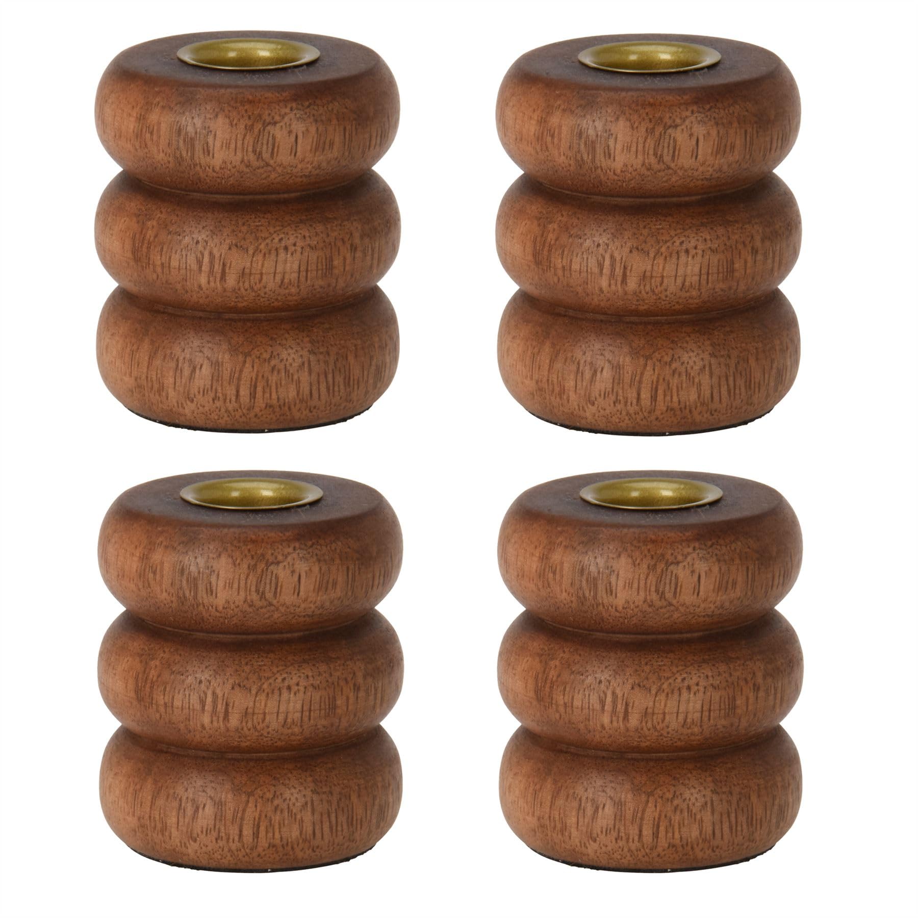 Set of 4 Walnut Ribbed Wooden Candlesticks | Rustic Round Candle Holders for Taper Candles | Decorative Candlesticks for Dinner Tables & Home Decor - 7cm
