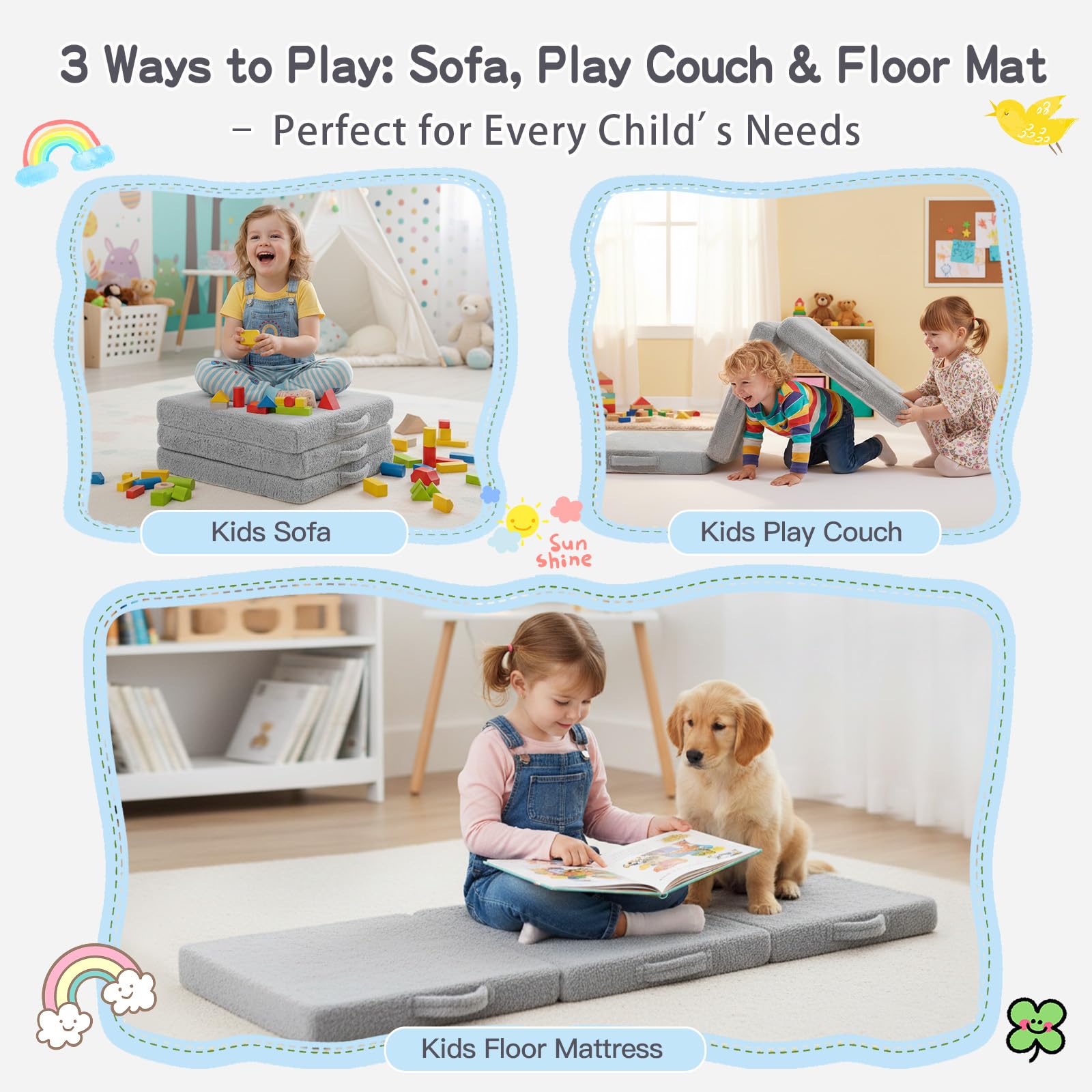 Tiita Matelas de sol à trois volets pour enfants, chaise pliante avec housse lavable en machine, tapis de sieste portable pour tout-petits avec sac de rangement pour filles et garçons