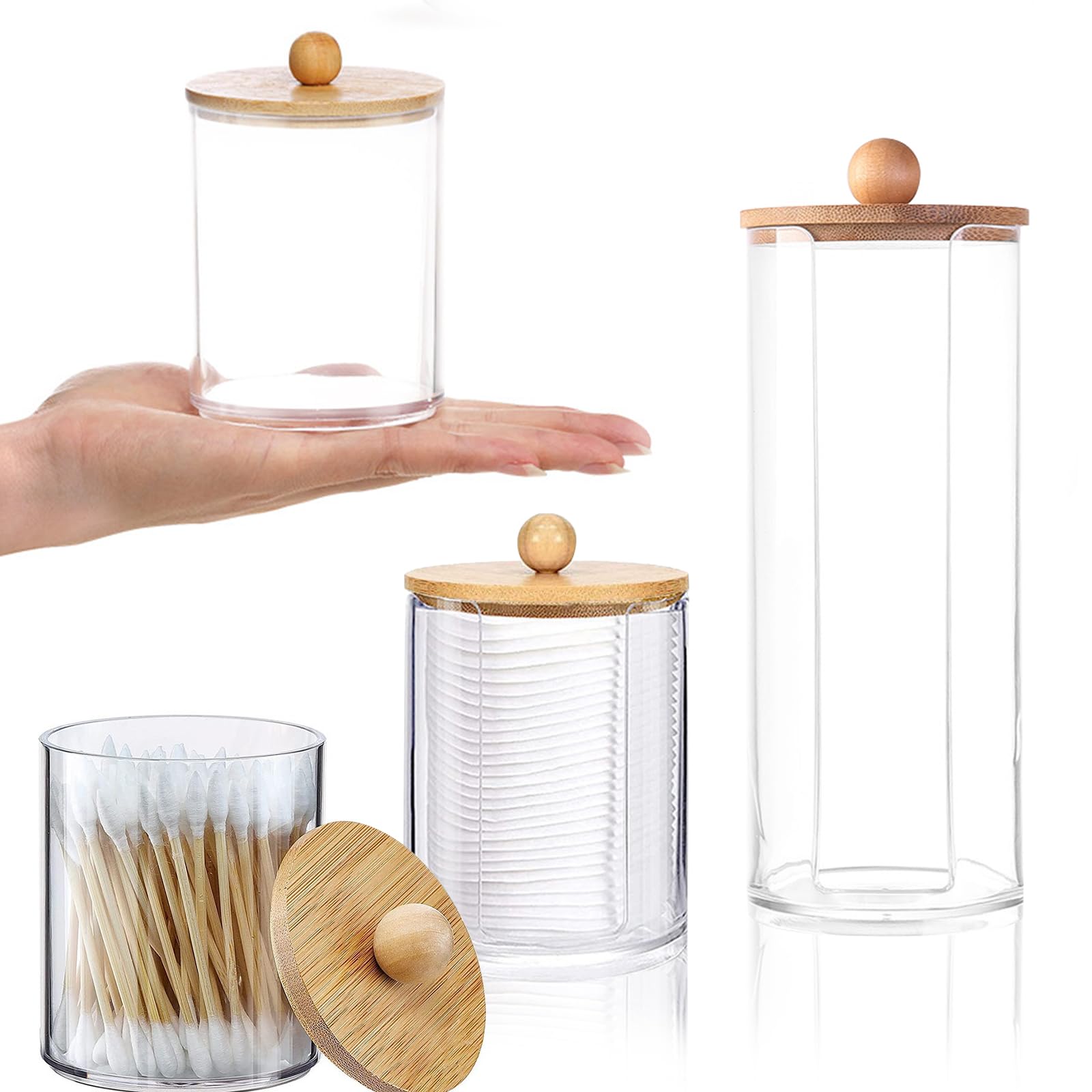 Husoue Transparent Cotton Pad Holder, 3 Pcs Cotton Bud Holder Cotton Pad Dispenser Makeup Pad Holder Bud Organiser With Wooden Lid For Storage Swab Pads Floss