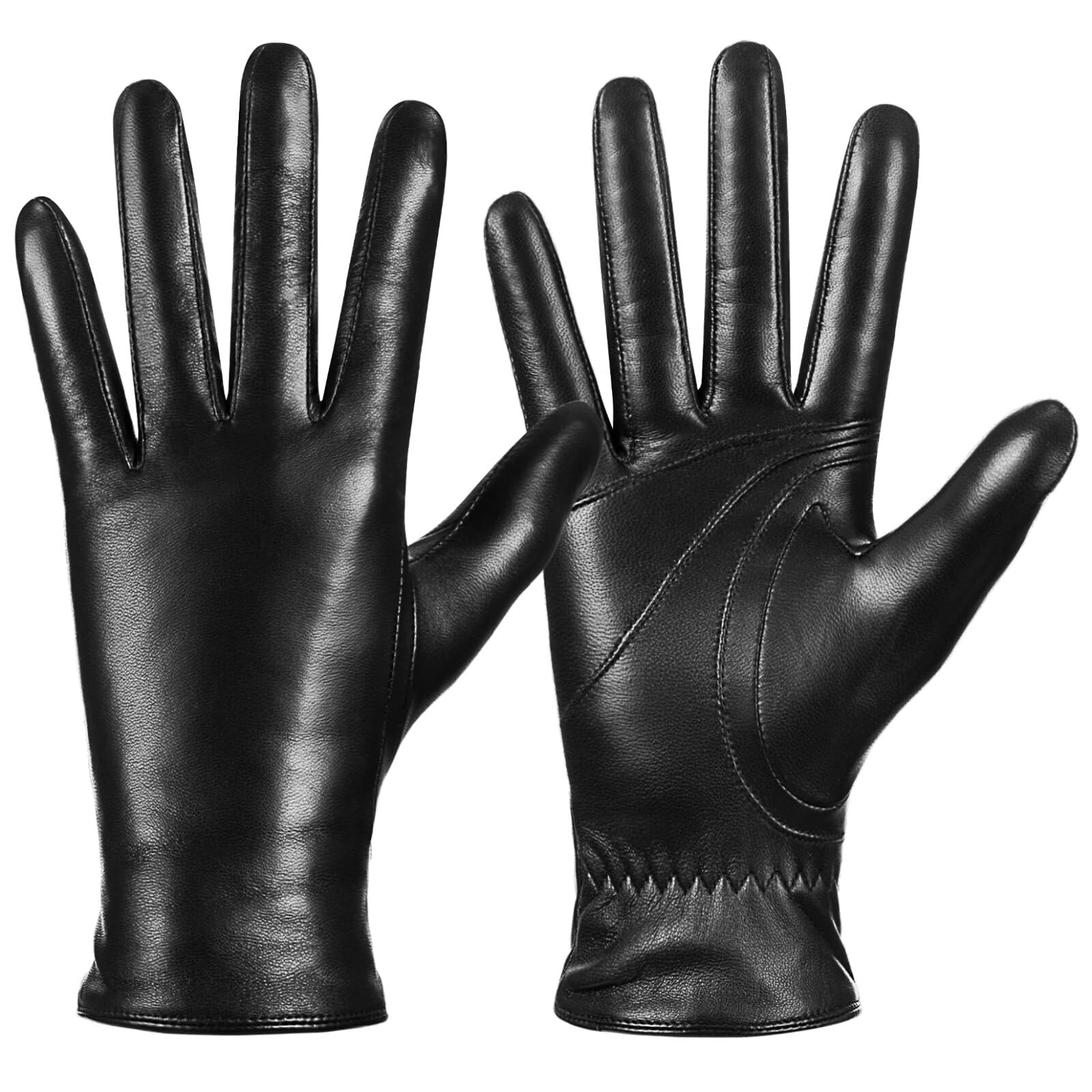 Guantes de piel de oveja de invierno para mujer, moda para conducir, pantalla táctil, con forro térmico de cachemira, Negro, Large