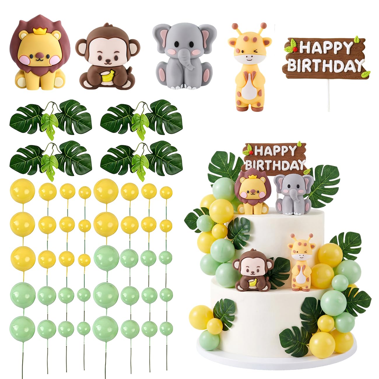 49 Pcs Jungle Animal Cake Toppers, Safari Animals Cake Decoration, Jungle Wild Cupcake Toppers with Leaves Balls Cake Decorations, Jungle Animal Birthday Cupcake Toppers for Kids Boy Girl
