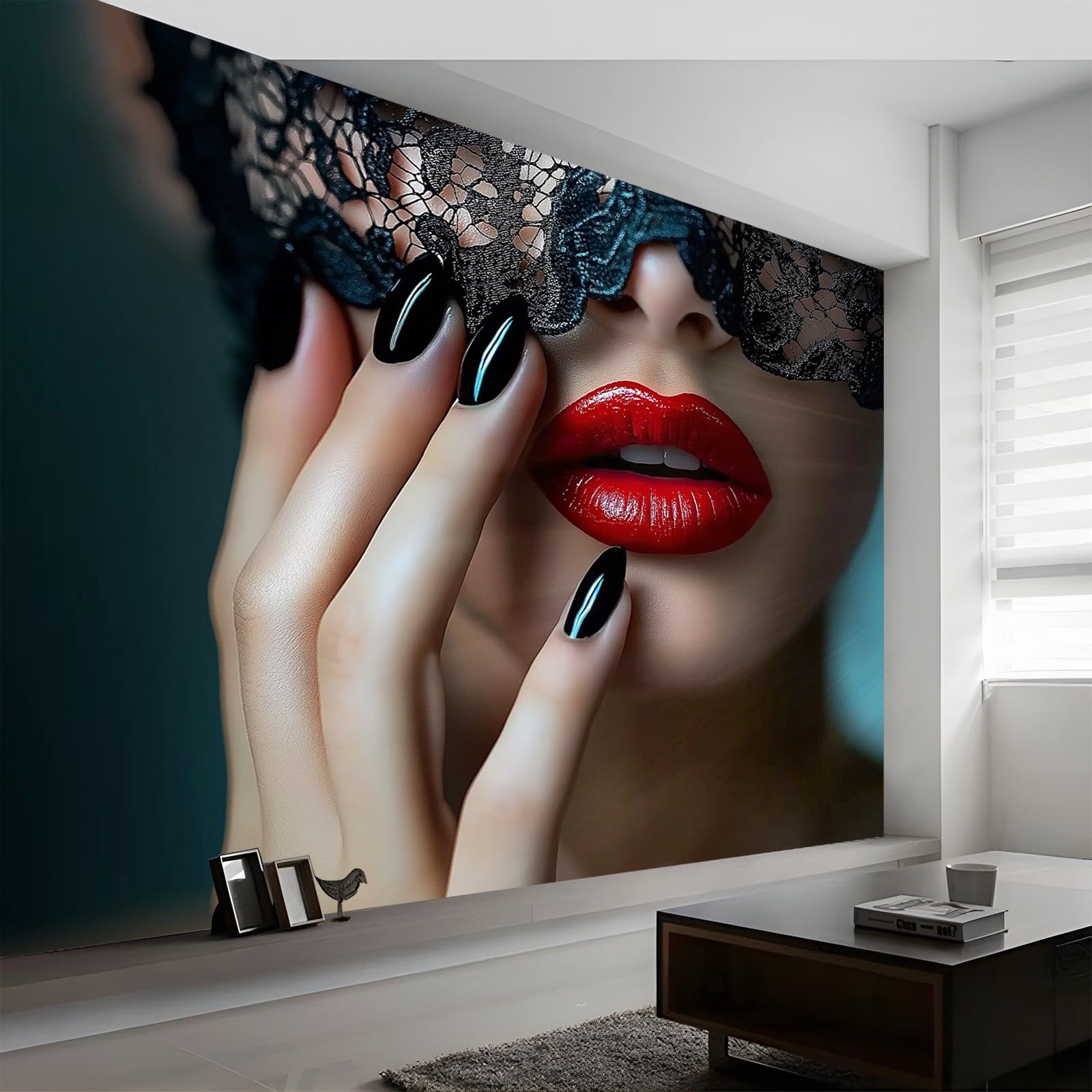 Stile Di Moda Labbra Unghie Carta Da Parati 300 X 210 Cm Nero Pizzo 3D Fotomurale – Poster Gigante Da Parete Per Camera Da Letto, Soggiorno, Hotel O Corridoio – Decorazione Murale Moderna Di Lusso