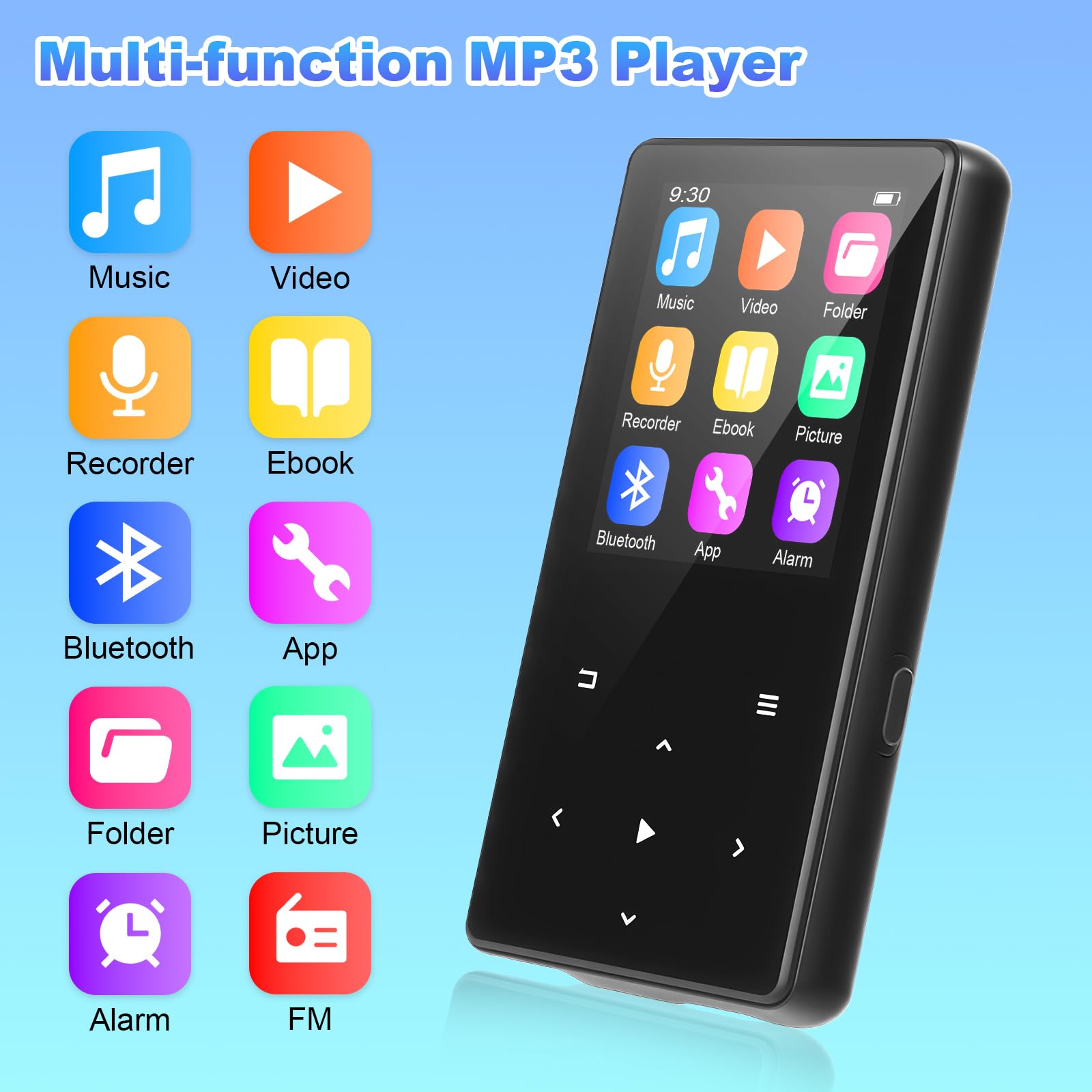 MP3 Player 64GB mit Bluetooth, Mini Digitaler Musik Player mit Lautsprecher, FM Radio, HiFi Audio, MP3 & MP4 Player, Kopfhörer inklusive