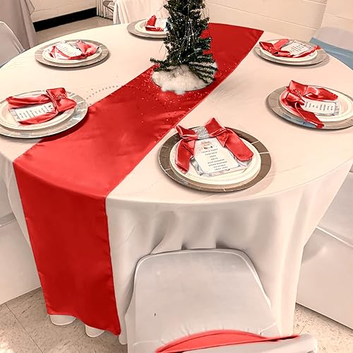 Miniatura 8 de Paquete de 24 caminos de mesa rojos de satén de 12 x 108 pulgadas de largo para fiestas, decoración de mesa de tela satinada suave para bodas,