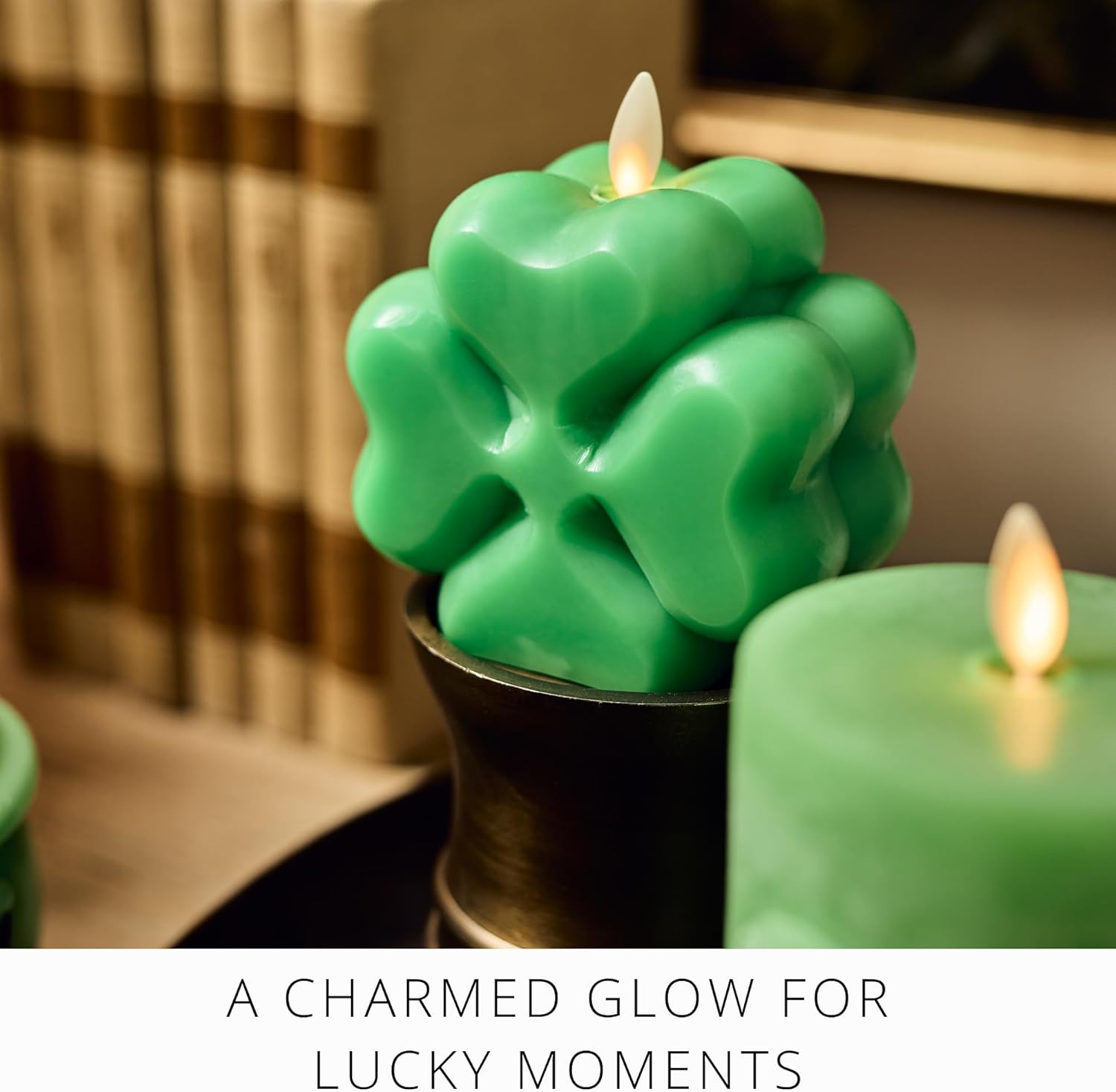 Luminara 4-Leaf Clover Candle - Flickering Real-Flame Technology- Flameless LED- Remote Ready- Classic Green St. Patrick's Day Shamrock- 3.9" x 4.3"