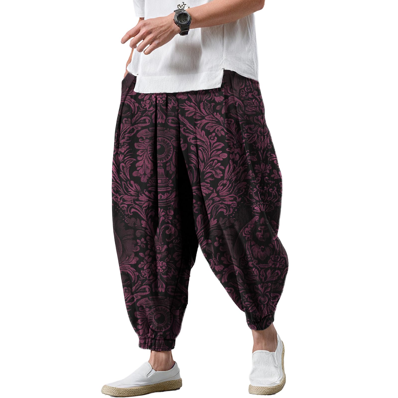 - Harem Pants for Mens Fashion Trousers Loose Elastic Waist Drawstring Belted Casual with Pockets Japanese Style