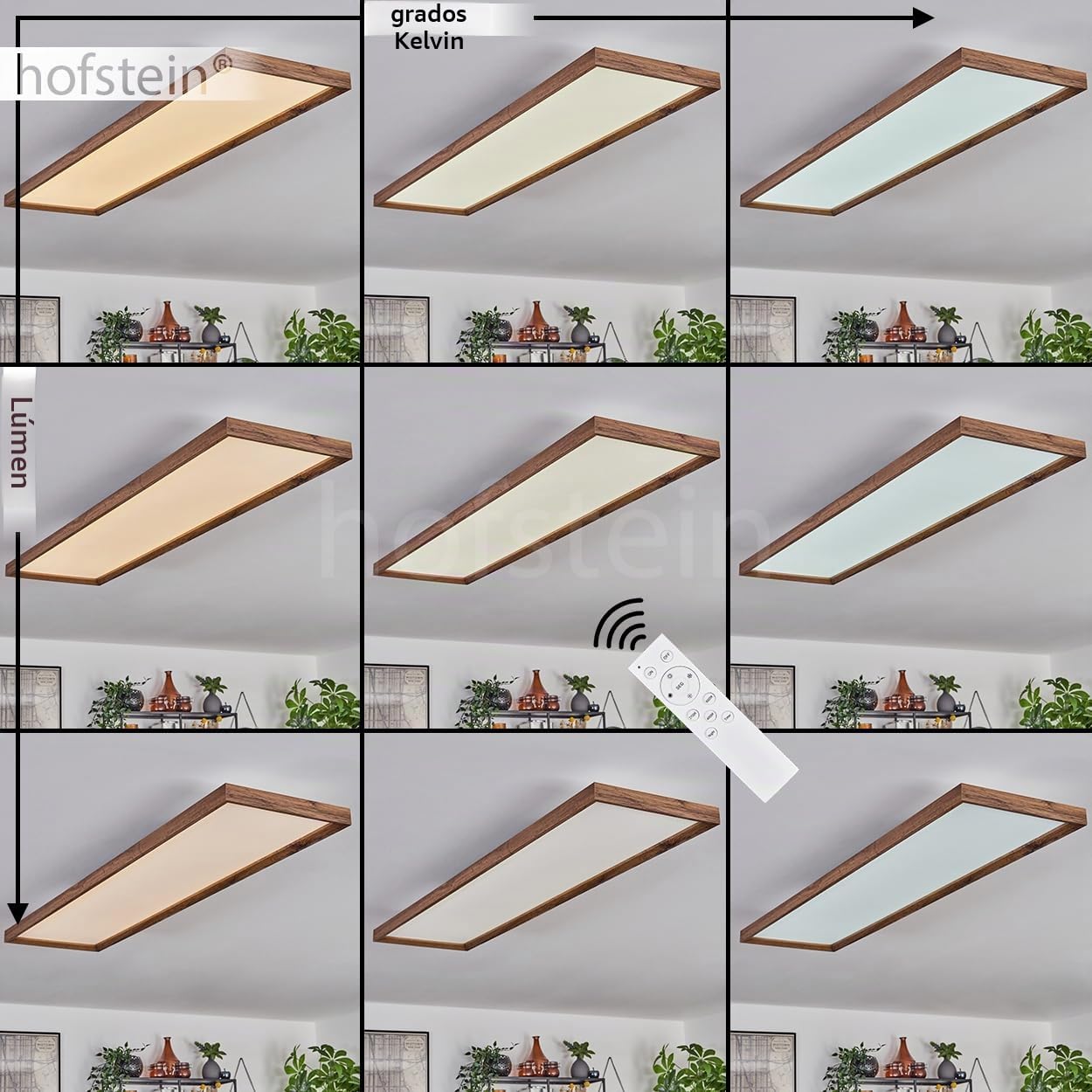 Plafón LED Longvic, plafón regulable de metal/MDF/plástico en negro/madera/blanco, 36 vatios, 350-4300 lúmenes, 2700-6500 Kelvin, 120 cm, regulable/cambio de color de la luz con mando a distancia