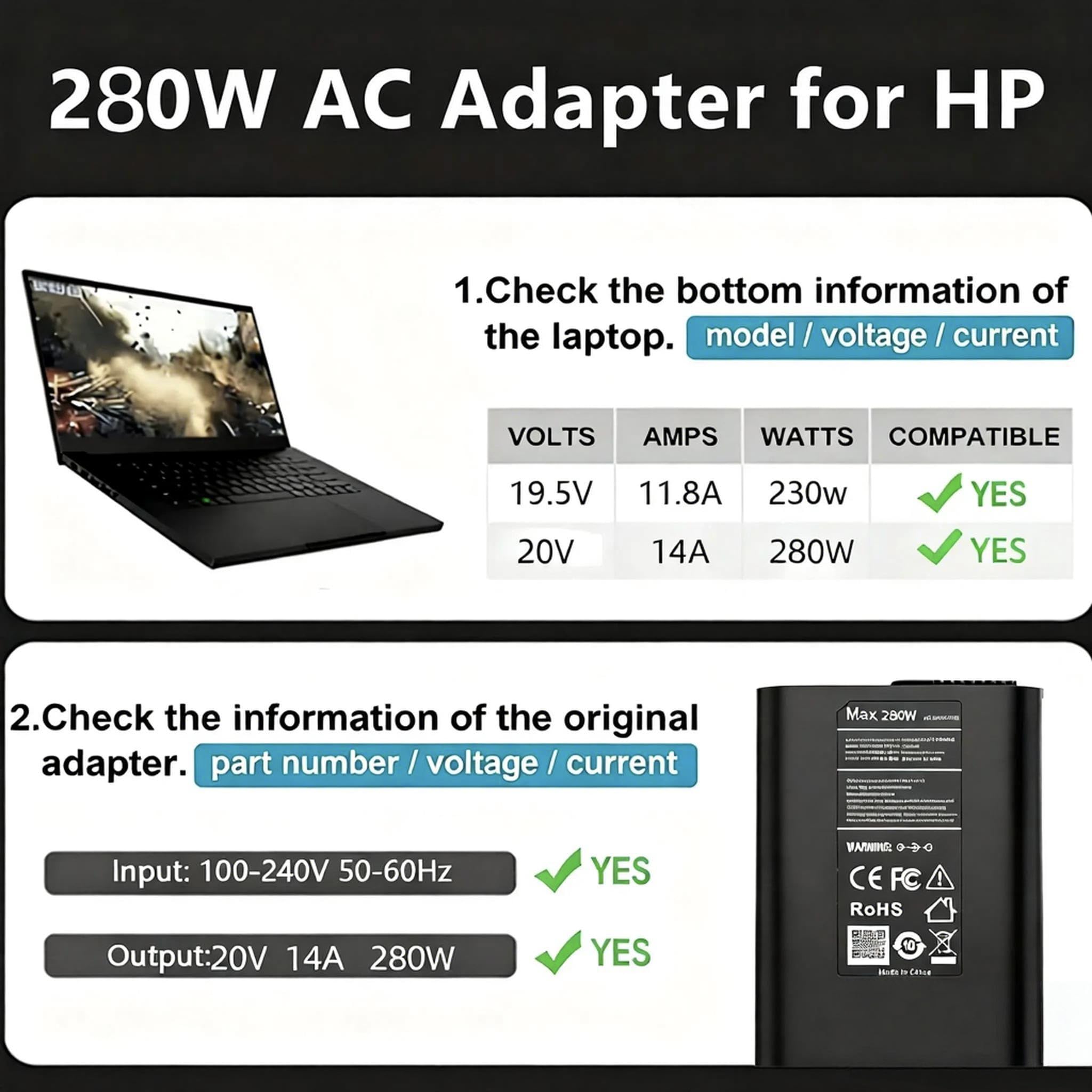 Ładowarka 280 W kompatybilna z HP Omen 16 | 16-wf0097nr, 16-wf1077nr, 16-xf0087nr, ZBook Fury 16 G8 G9 G10 ZBook Studio 16 A280A011P TPN-CA26 TPN-A27 Gaming Laptop