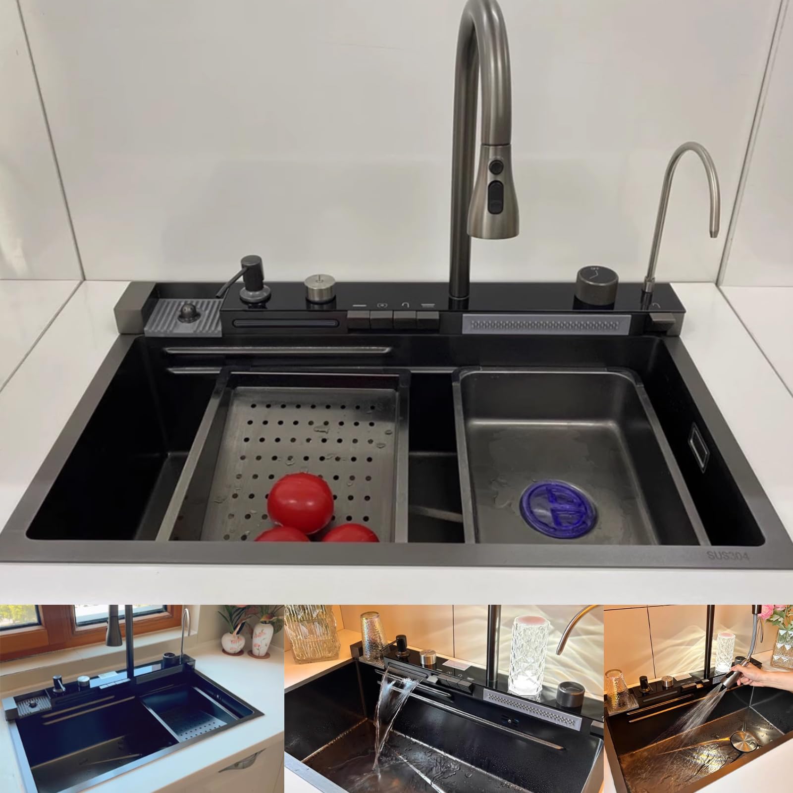Fregadero de cocina de acero inoxidable de 75 × 46 cm con nano-revestimiento, pantalla digital de temperatura, doble cascada, encimera con tabla de cortar, fregadero doble y control de teclas de piano