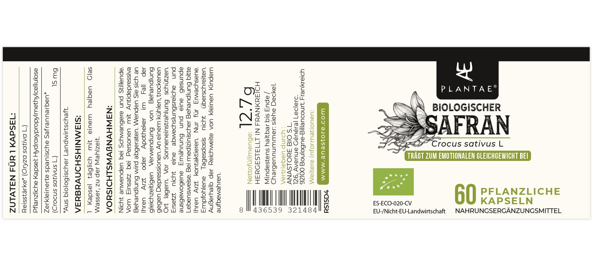 ORGANIC SAFRAN * 15 mg / 60 Kapseln * Emotionales Gleichgewicht, Muskeln und Skelette