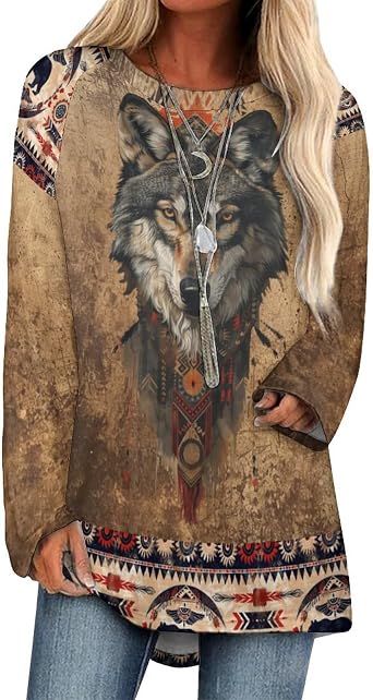 Long Sleeve Tops for Women Retro Pullover Blouses Aztec Shirts Vintage Western Printed Indian Native American Clothing Crewneck Fall Soft Breathable Trendy Ladies Tops Wolf Head,XL