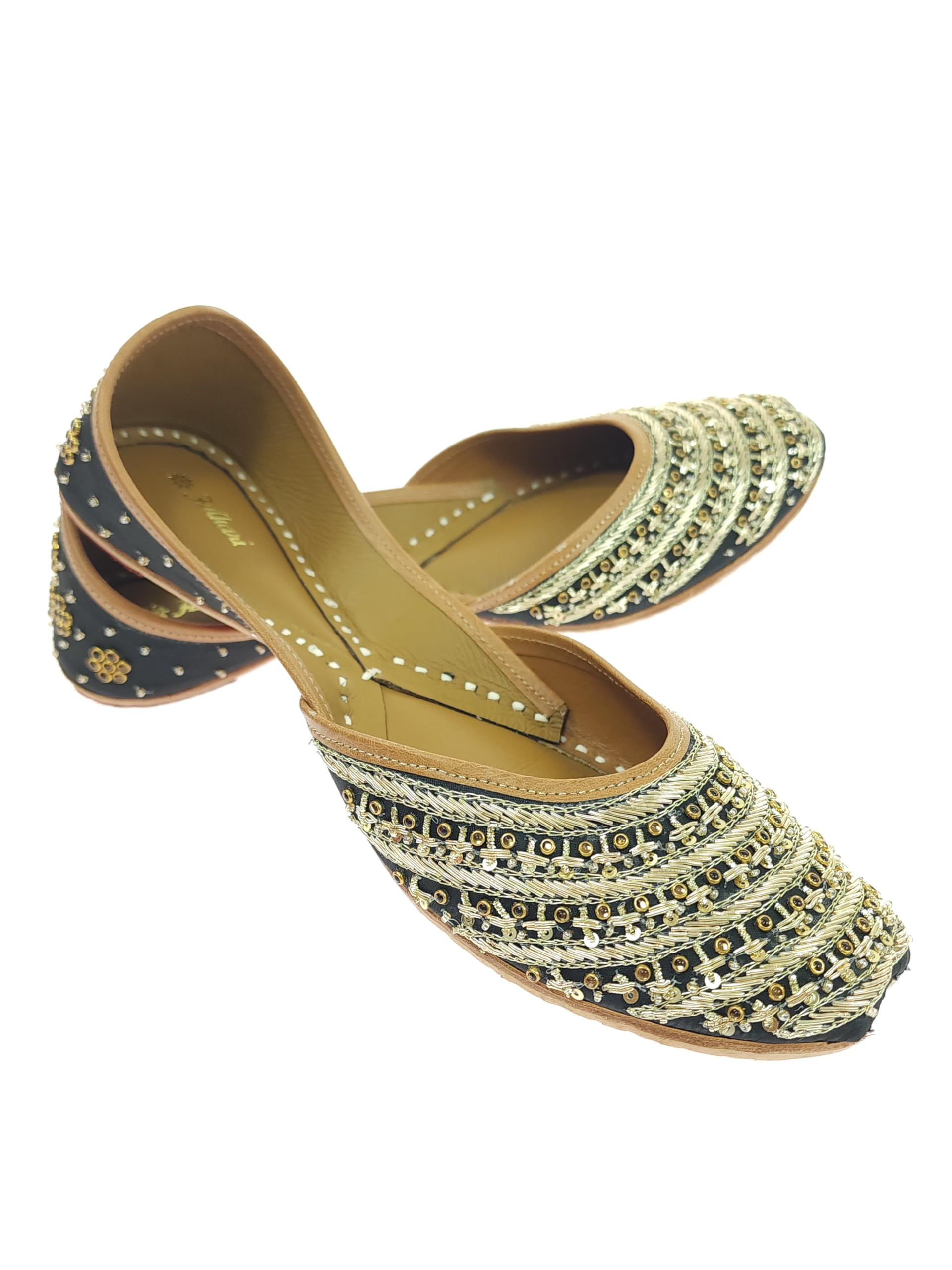fulkari Women Black Dawka Gold Genuine Soft Leather Embroidered Jutis | Bite and Pinch Free Jutti | Punjabi Formal Juttis | Girl's Wedding Flat Ladies Mojari | Formal Ethnic Juti |-picture-41