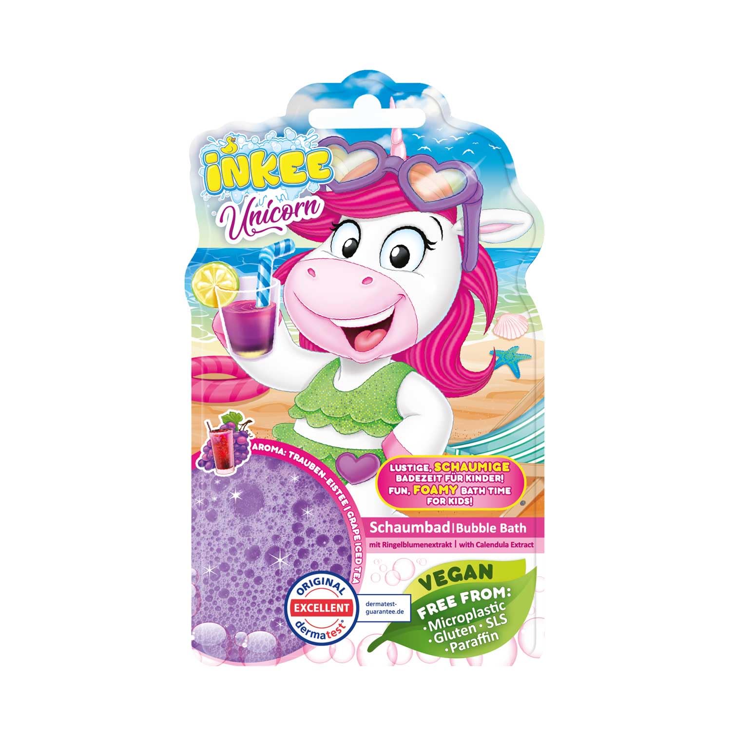 INKEE Kids Colour Changing Bubble Bath – Unicorn Liquid Gel, Sensitive Skin, Aloe Vera, Grape Iced Tea Scent, Purple, 40g Sachet - Gift for Kids 3+