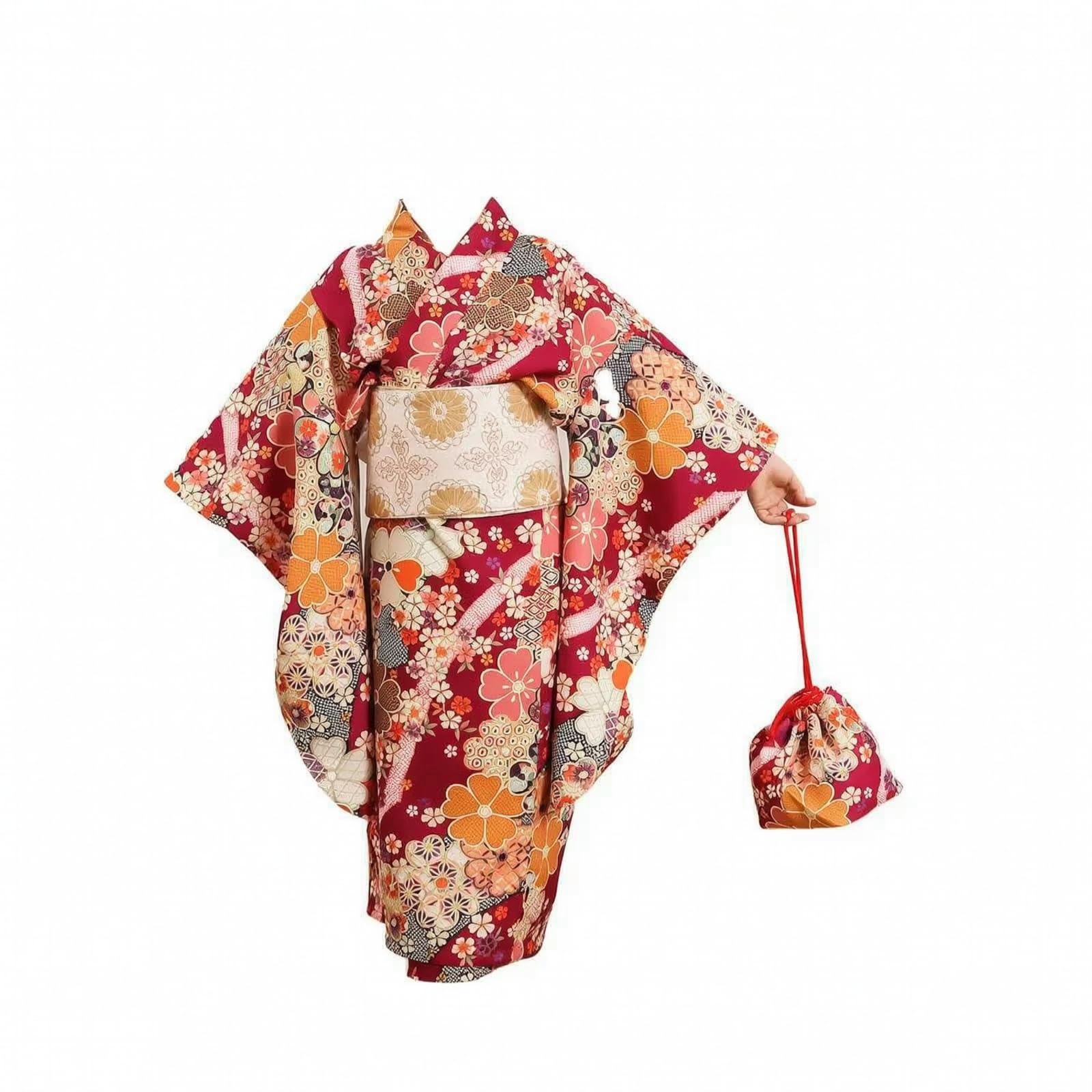 Costume Kimono Bambini Kimono Robe Cintura Obi Borsetta Accessorio Capelli in Poliestere con Maniche Ampie E Chiusura Regolabile Adatto a Eventi, Numeric_130, Regular
