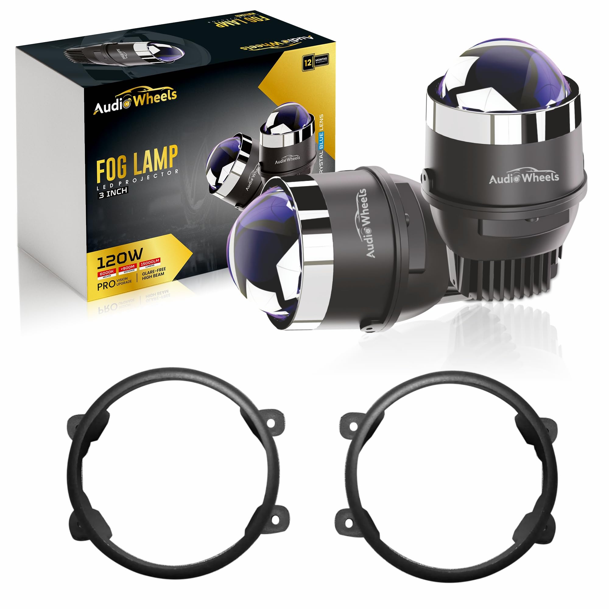 Audio Wheels 3" LED Projector Fog Lamp with Cover - 120W, Tri-Color (White/Warm/Yellow) | with Blue Tint Film | 12V/24V Fog Light for Car & Vehicle Modification | For Mahindra Thar Roxx-image-41