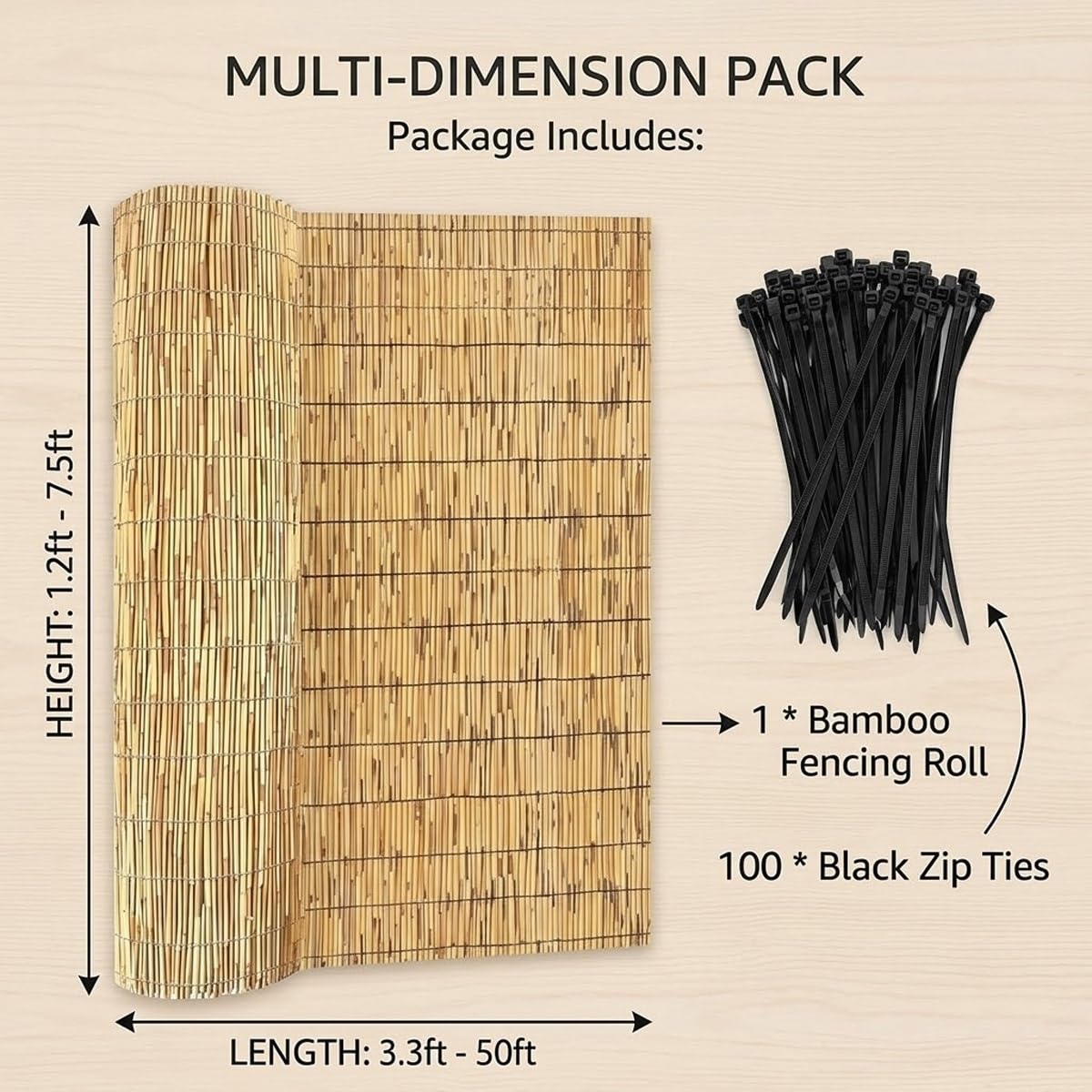 Générique Rouleaux Canisse Bambou Brise Vue Jardin Extérieur Clôture D'intimité Naturelle Occultant pour Terrasse Patio avec Attaches De Fixation 50cm 60cm 70cm 80cm 100cm Hauteur(Nature,180x300cm)