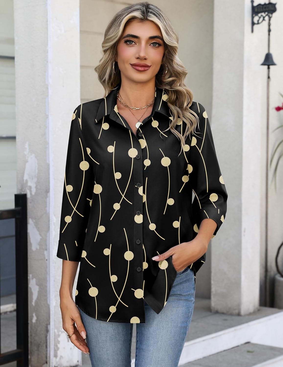 Zeagoo Button Down Shirts for Women 3/4 Sleeve Tops V Neck Collared Blouses Business Casual Outfits S-2XL - Image 2