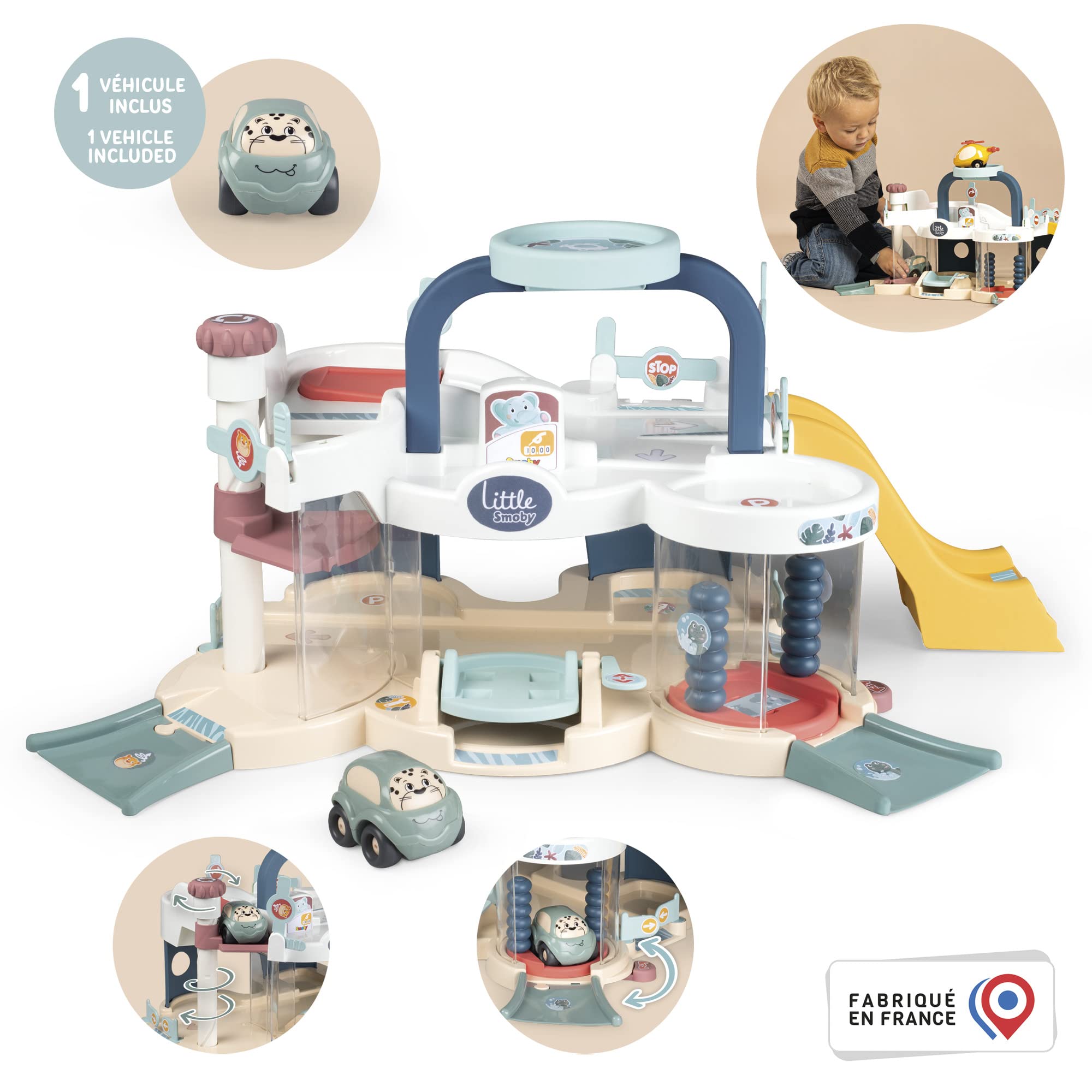 Smoby - Little Premier Garage - Wash, Lift, Heliport - 1 Car Included - from 18 Months - Made in France - 140202 - Multi-Coloured
