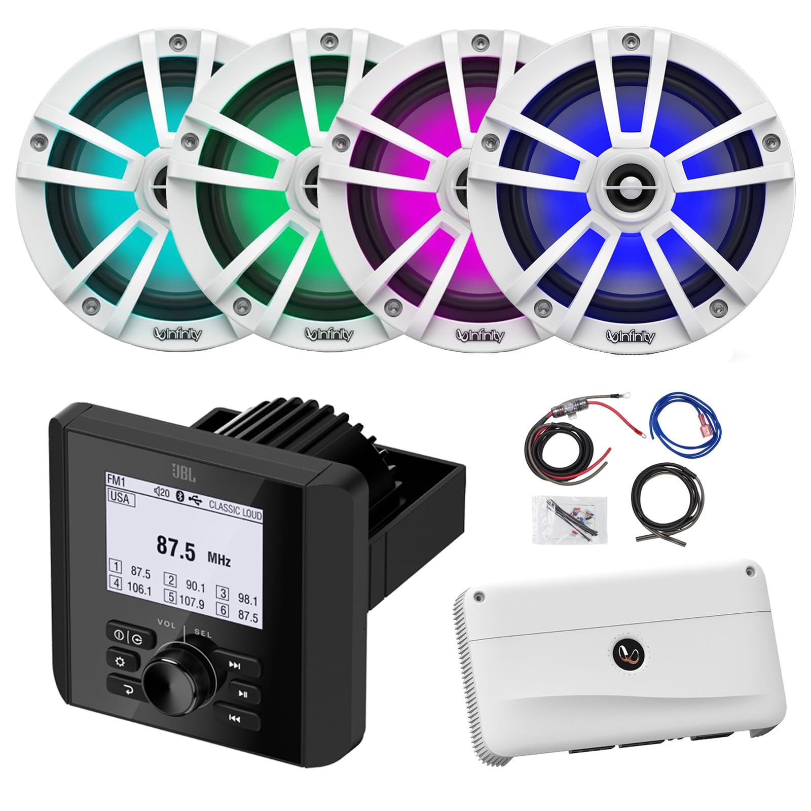 Marine Bluetooth AM/FM Radio Digital Media Receiver, 4X 6.5 225 Watt Max 2-Way Multicolor LED Boat Audio White Speakers, 4-Channel Amplifier w/Wiring Kit