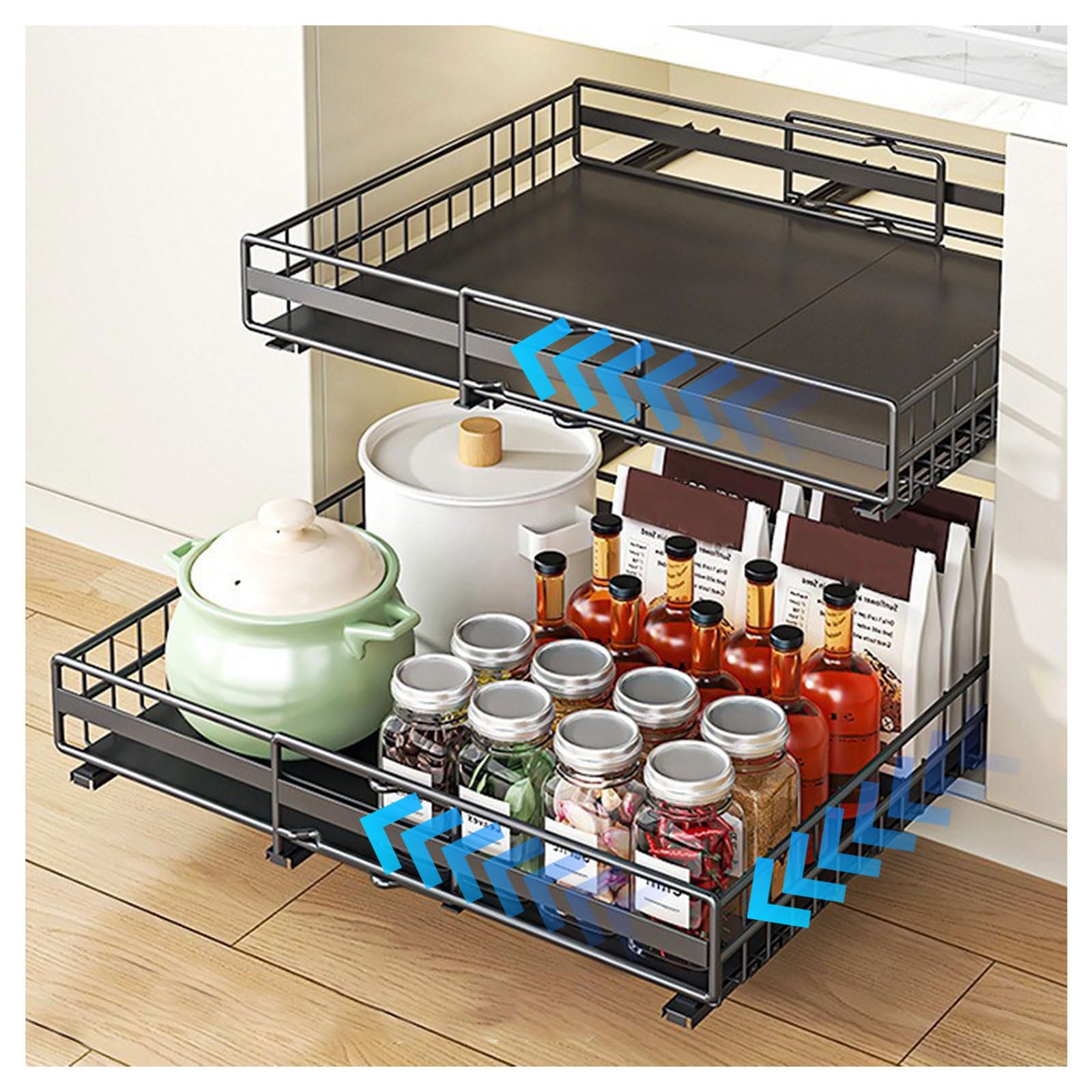 Tiroir coulissant extensible sans perçage pour optimiser les placards d'une cuisine moderne