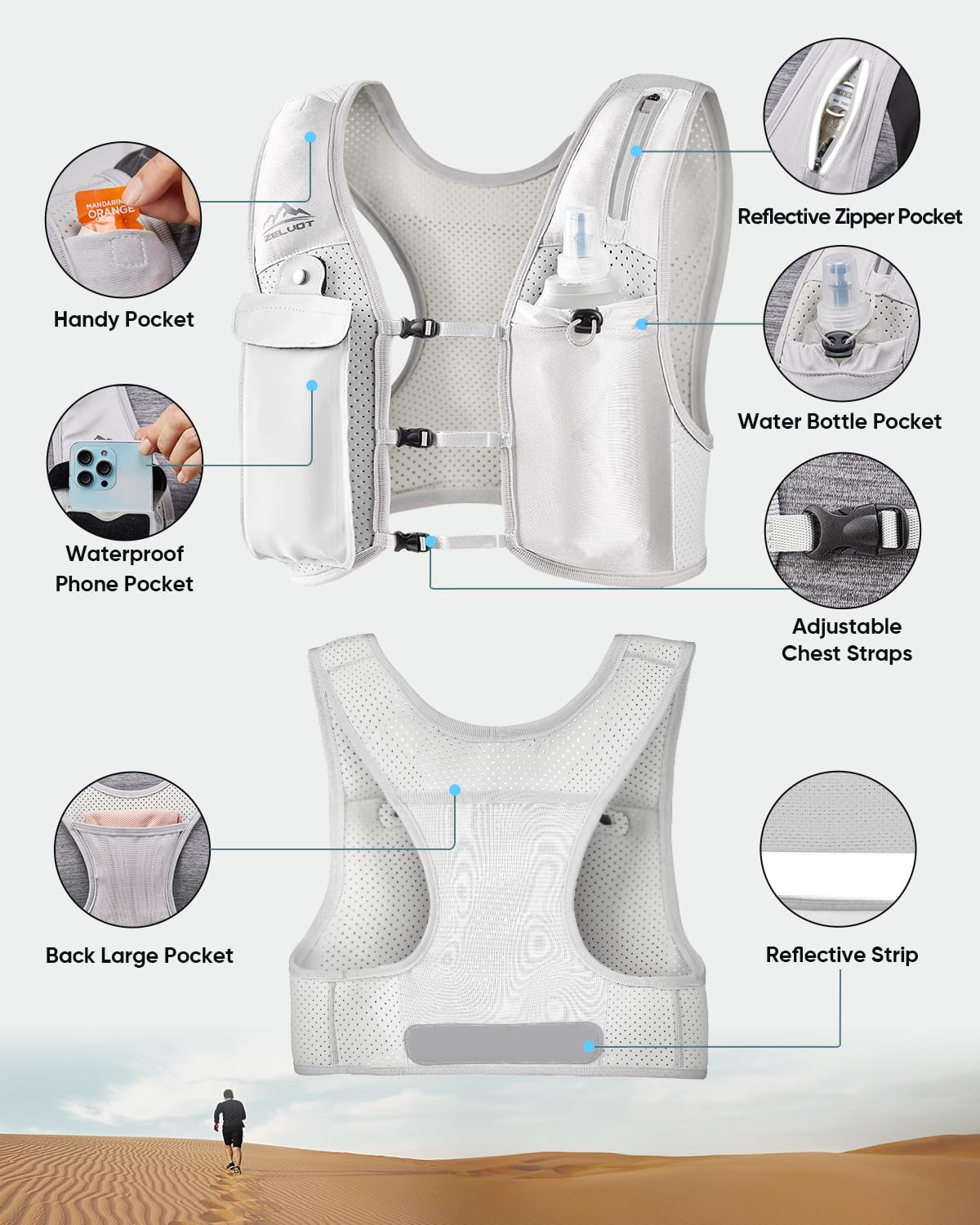 Zelvot Zaino Trail Running per Uomo e Donna, Brevetto Originale Europeo, Cinghie Pettorali Regolabili, Gilet Running con Borraccia Morbida 500ml, Gilet Corsa con Supporto per Telefono