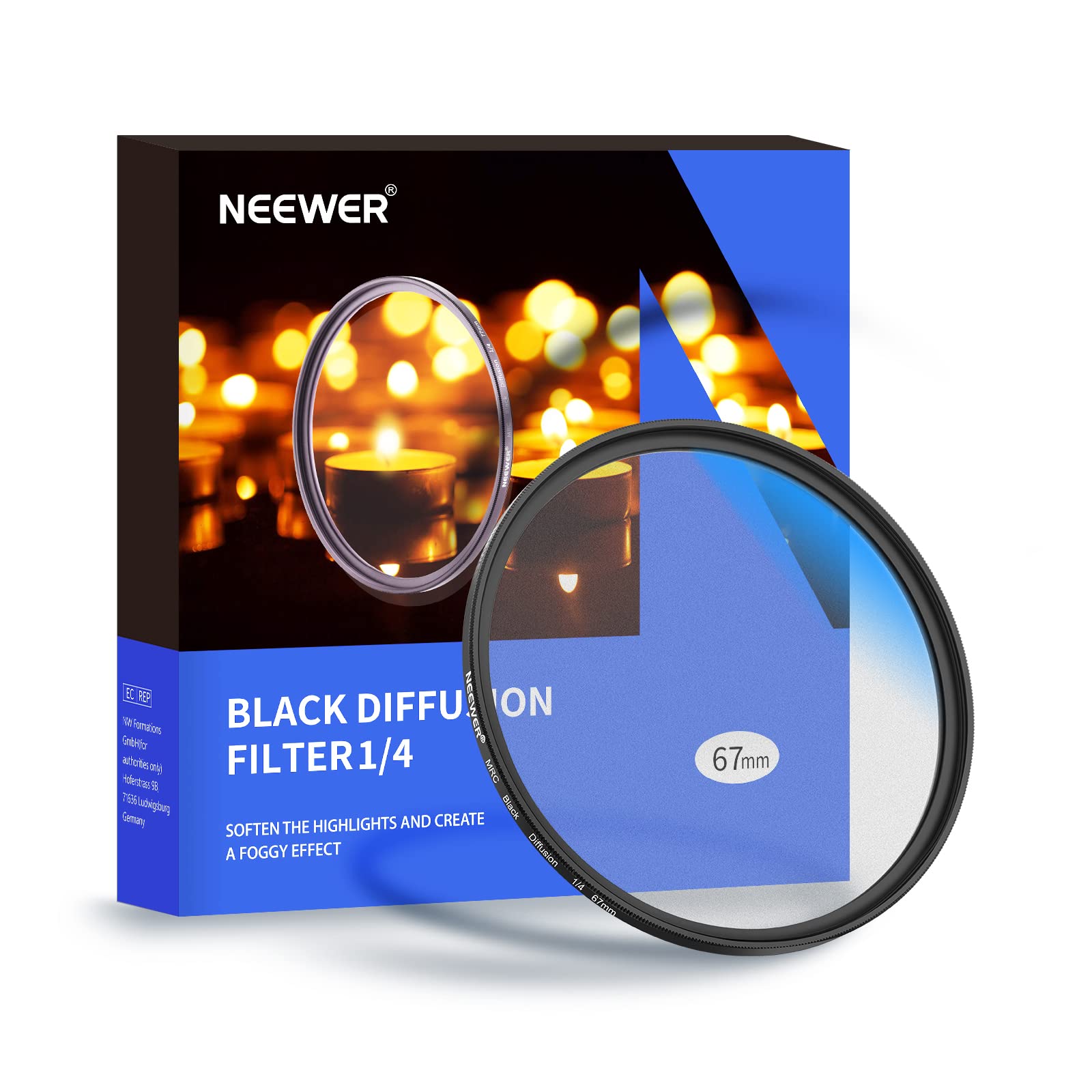 NEEWER 67mm Black Diffusion 1/4 Filter Mist Dreamy Cinematic Effect Filter Ultra Slim Water Repellent Scratch Resistant HD Optical Glass, 30 Layers Nano Coatings for Video/Vlog/Portrait Photography