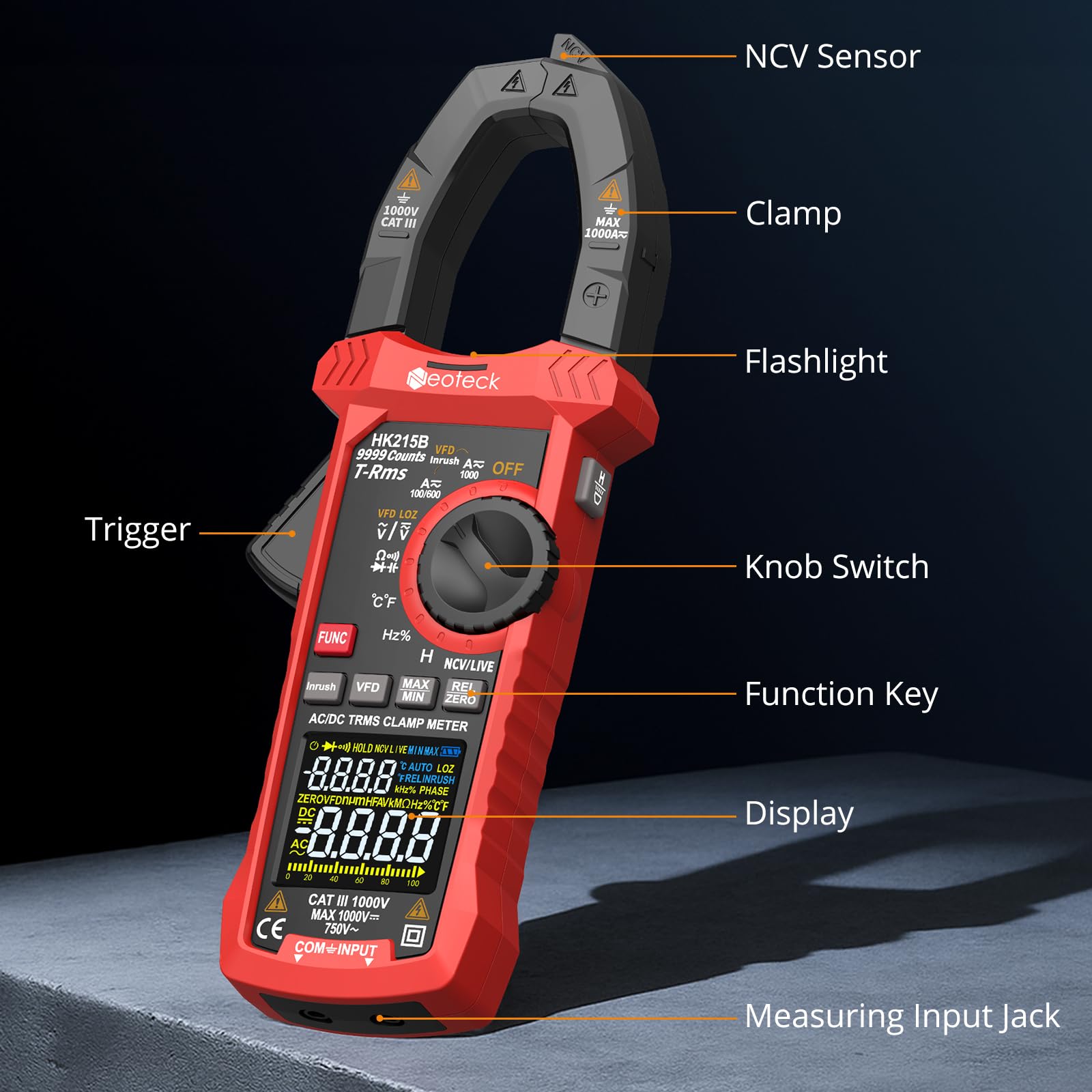 Neoteck Pinza Amperimétrica 9999Cuentas TRMS 1000A Pinza Multímetro con Modo de VFD&LOZ Multimetro Digital para Voltaje y Corriente AC/DC,NCV,Corriente de Irrupción, Inductancia,Resistencia,Diodo