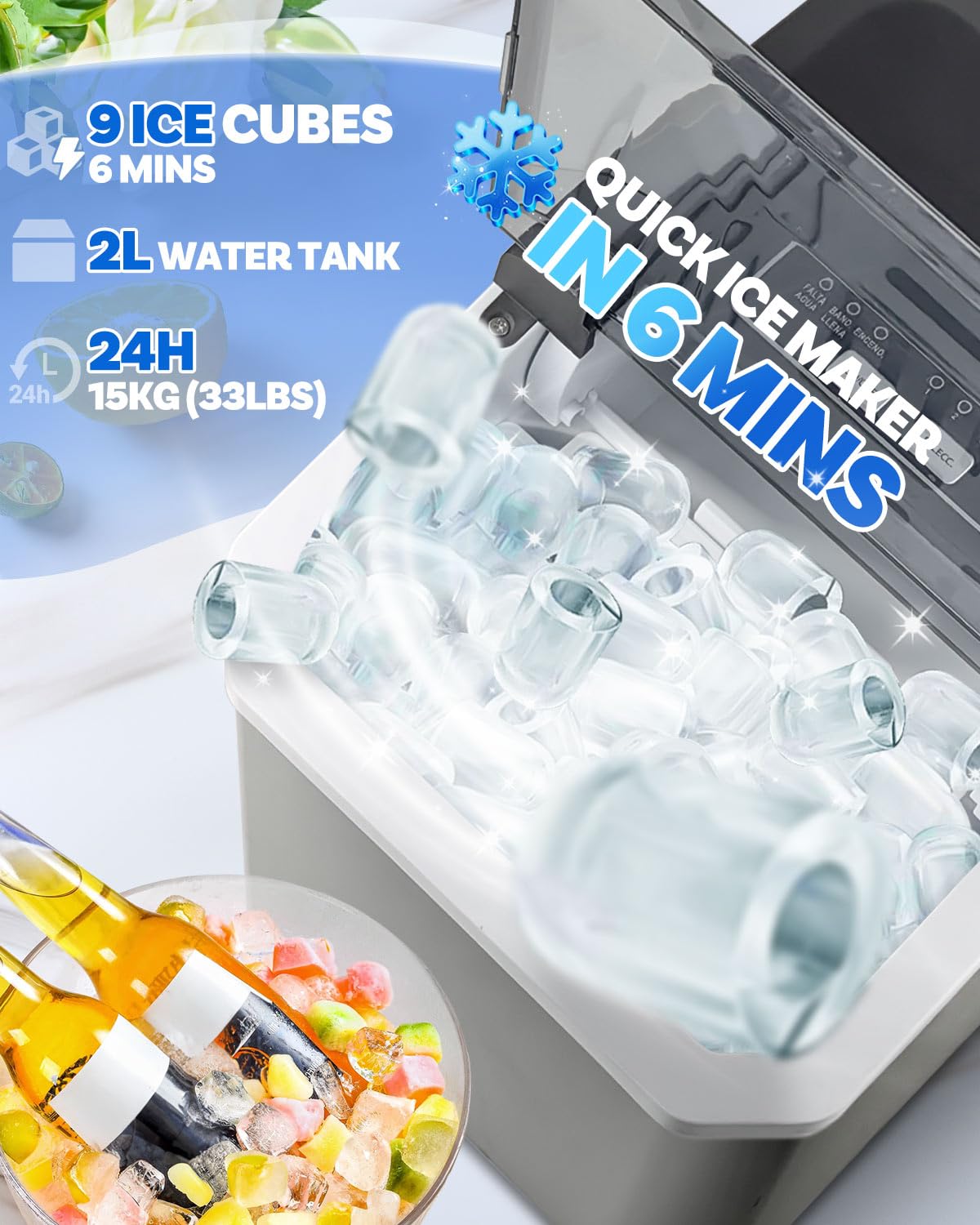 Macchina per il ghiaccio da banco, 9 cubi in 6 minuti, 15 kg in 24 ore, macchina per il ghiaccio per la casa, 2 dimensioni proiettili, 1,5 l, paletta e cestino per ghiaccio, autopulente, portatile
