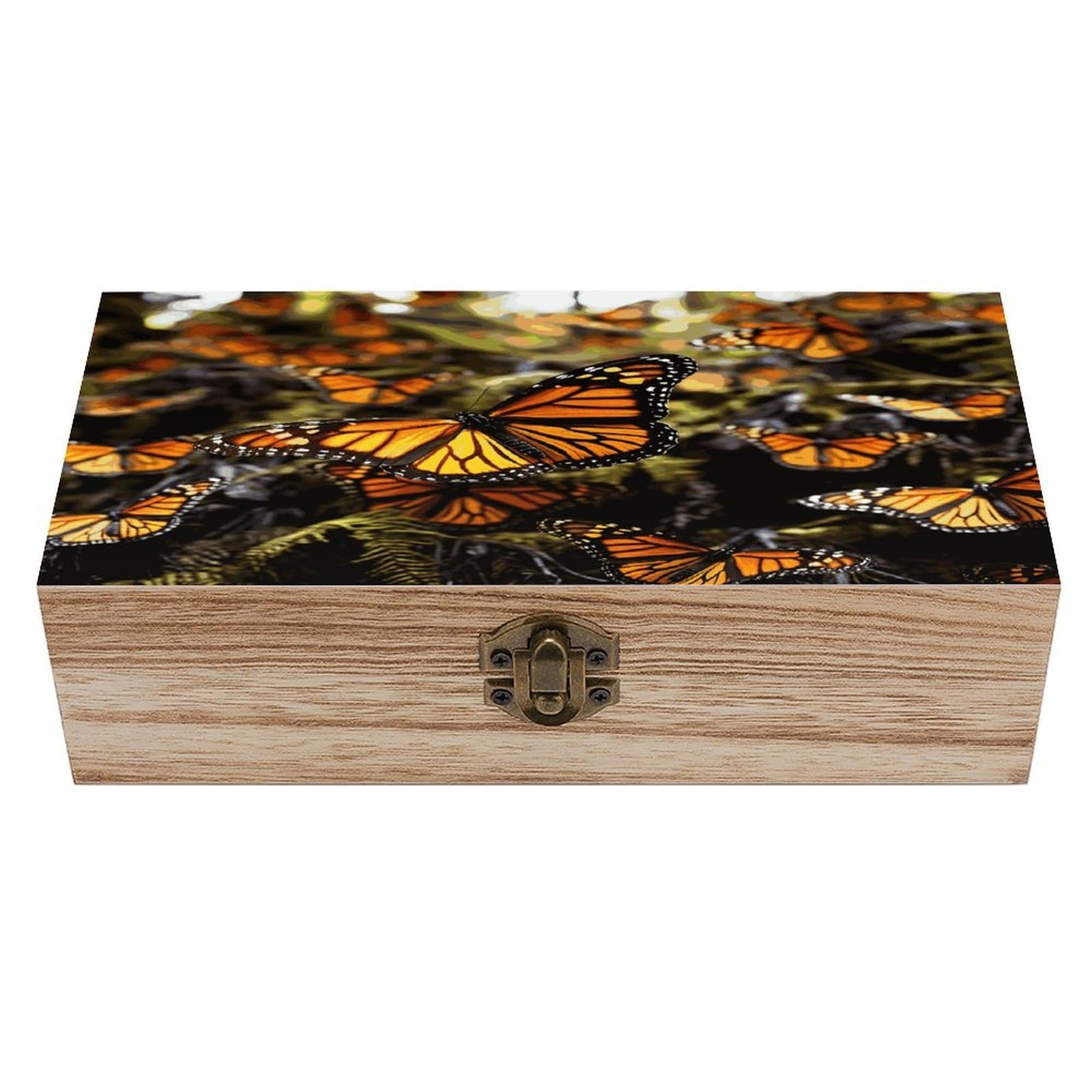 Btcowzrv Style Heaps Of Orange Monarch Butterflies Wooden Storage Box, Keepsake Box With Hinged And Retro Lock, Wood Jewelry Organizer For Photos & Mementos And Home Decor