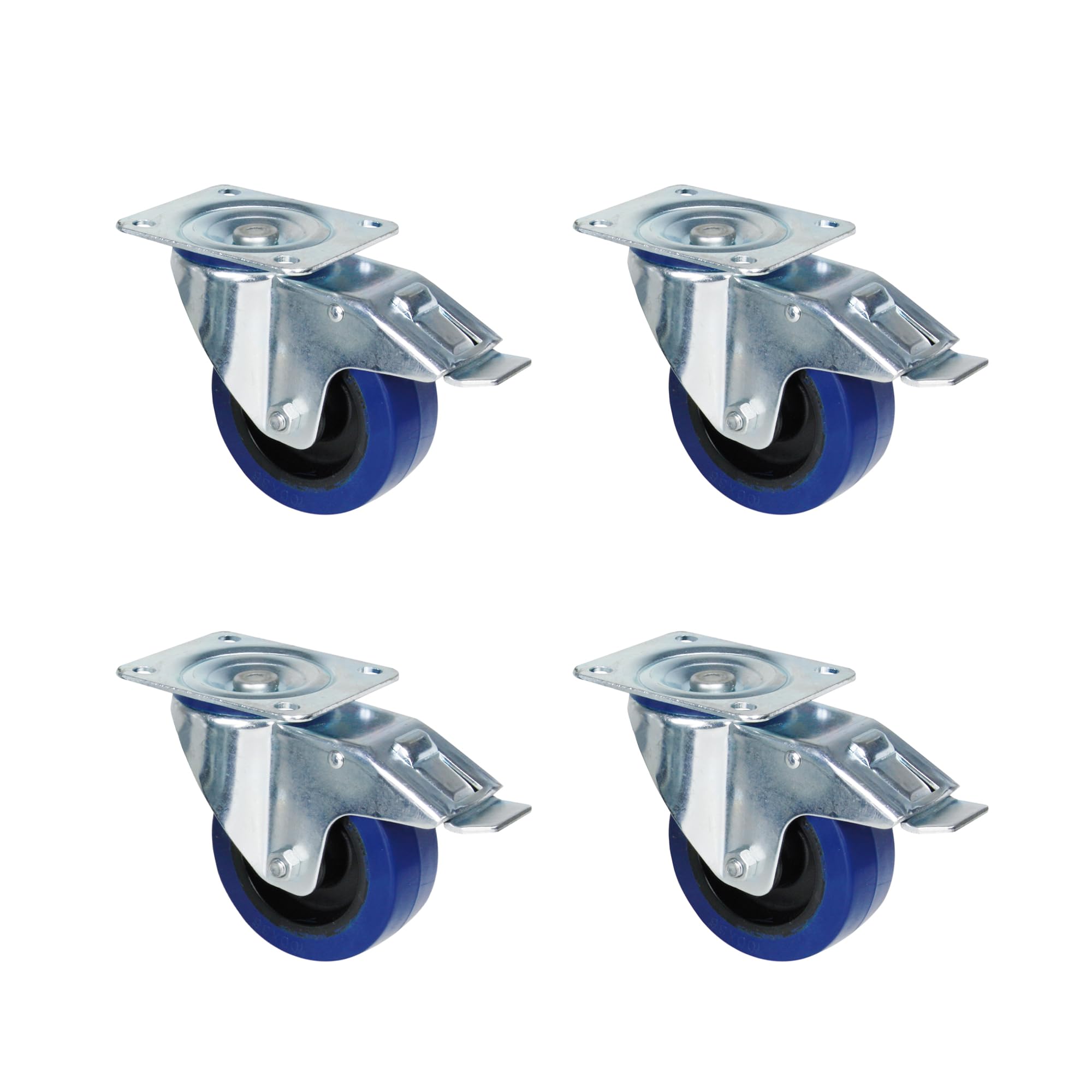 Adam Hall Hardware 372191 M8 AH - 4x Steel swivel castor with blue wheel and brake, 100 mm