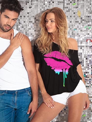 Miniatura 5 de Traje de fiesta de los años 80 para mujer, ropa novedosa de neón de los años 80 con hombros descubiertos, camisetas con hombros descubiertos