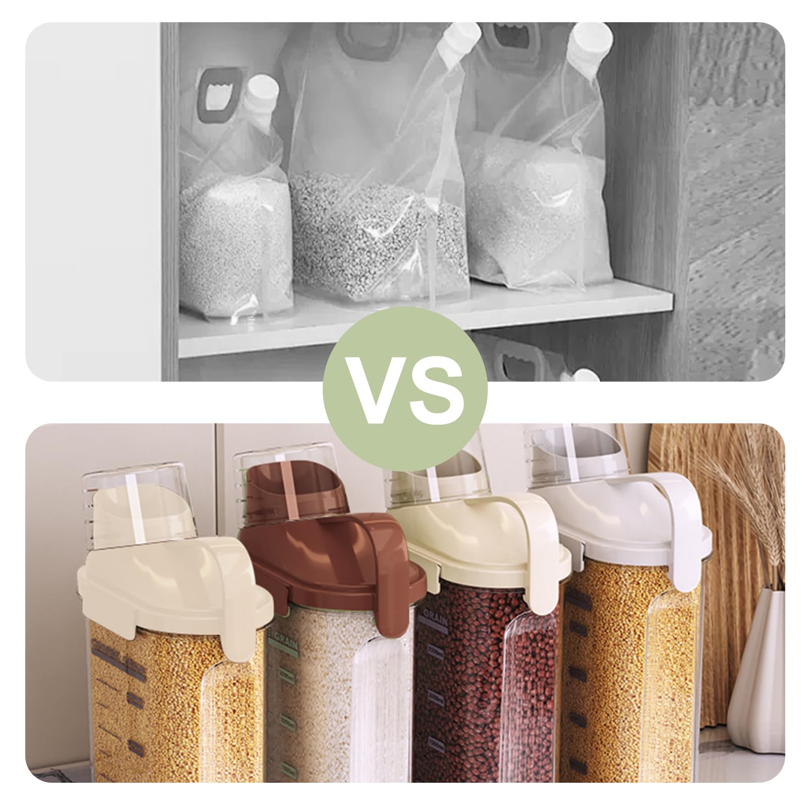 LANGMINGDE Lot de 3 boîtes de rangement hermétiques pour aliments secs (2,8 l, 2,8 l, 2,7 l) avec tasse à mesurer et marqueur, sans BPA, 2 blancs + 1 marron