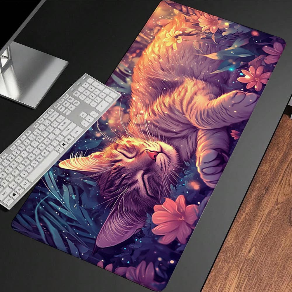 Żółta podkładka pod mysz XXL, podkładka na biurko, 1200 x 600 cm, szyte krawędzie, podkładka pod mysz, gumowa podstawa, kot, podkładka pod mysz, stabilna przyczepność na gładkich