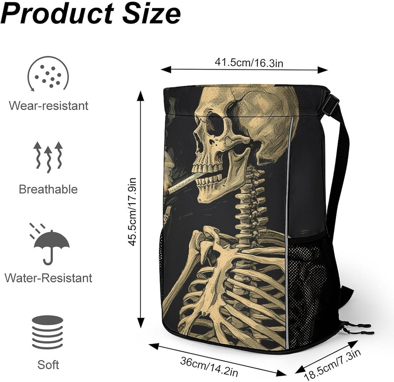 Sports Drawstring Backpack A Skeleton with Burning Cigarette Lightweight Backpack Dry And Wet Separation Large Capacity