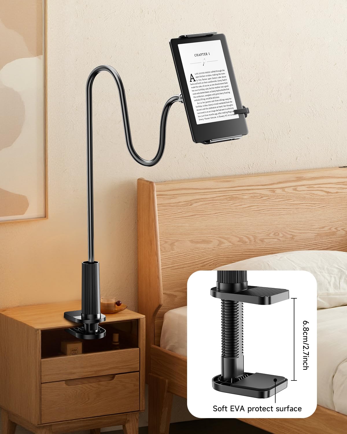 Support Kindle avec tourne-page à distance, support de lecture pour lit, bureau avec clic, pour Kindle Paperwhite, Oasis, iPad, iPhone et plus encore, tourne-page noir