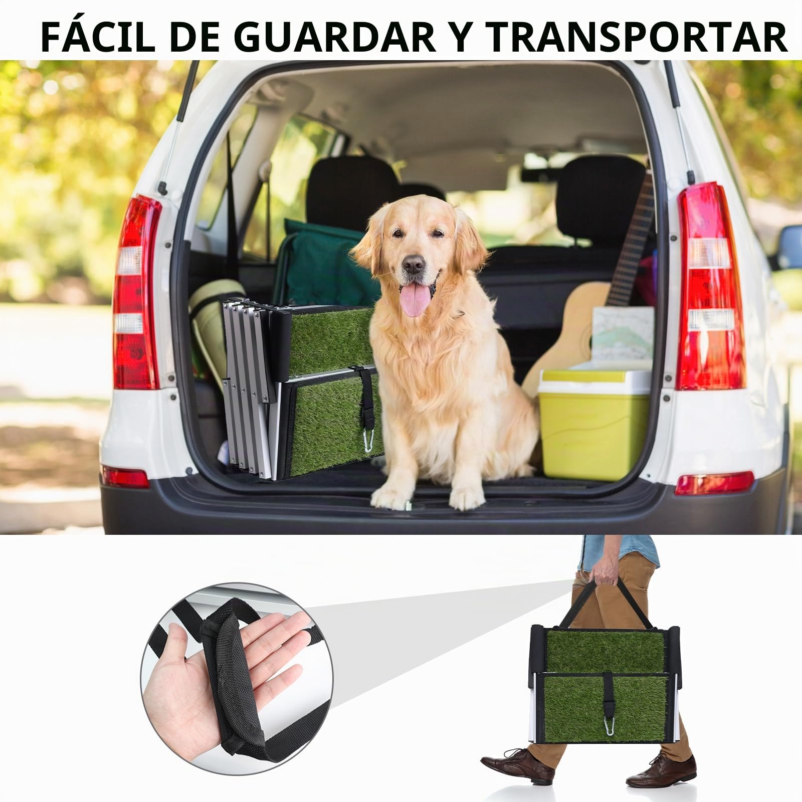 Escalera para perros para coche, rampa para perros, plegable, superficie antideslizante de césped artificial, ayuda para el acceso a todos los vehículos, altura ajustable, soporta hasta 80 kg