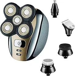 Aparador de barbeador elétrico para homens carecas Kit de cuidados 5 em 1 Barbeadores rotativos a seco molhado Aparador de barba para nariz, Escova de limpeza facial, sem fio, à prova d'água, carregamento USB recarregável