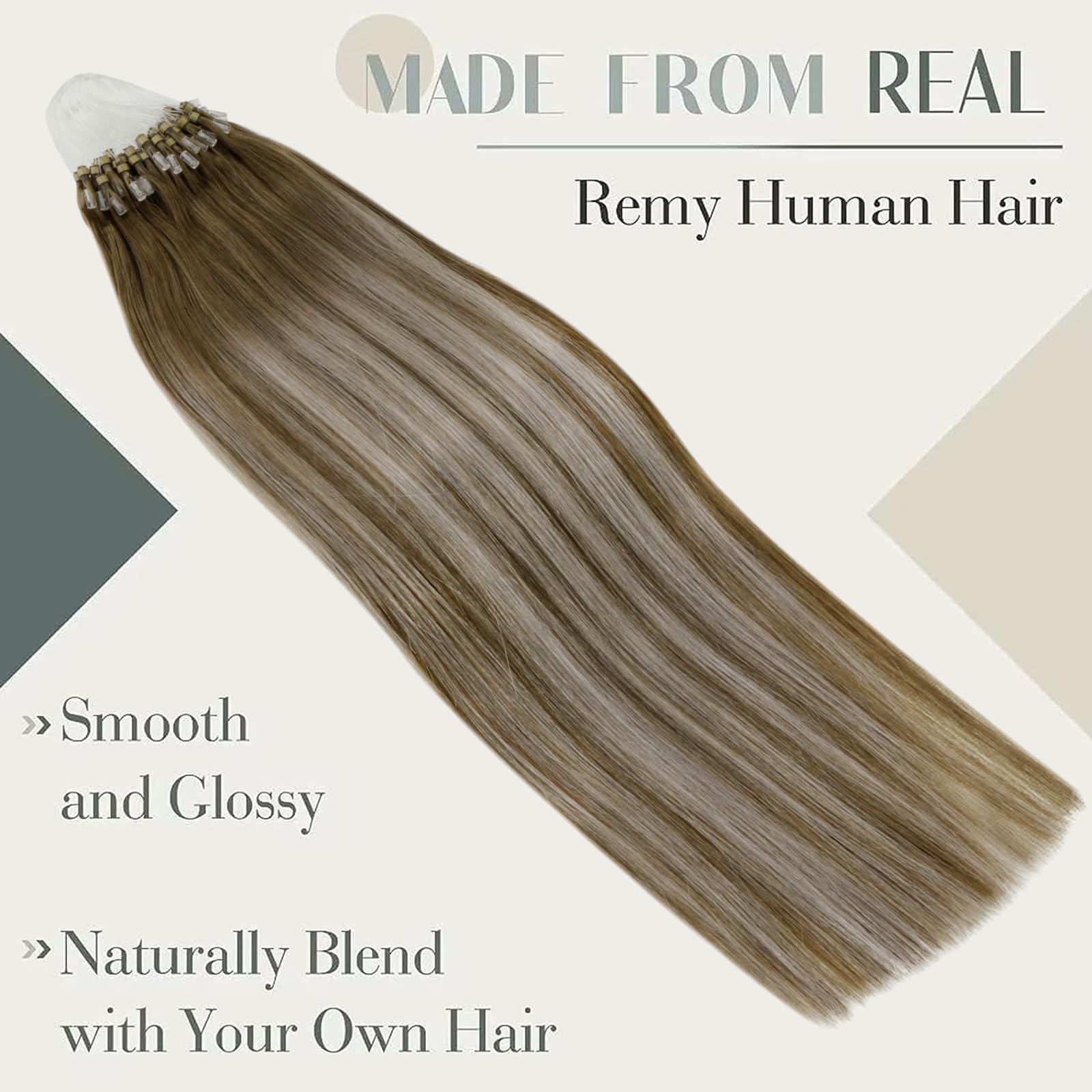 LaaVoo Micro Loop Hair Extensions Real Human Hair Blonde Remy Straight Balayage Light Brown to White Blonde Invisible Micro Ring Hair Extensions 50g 50s 16 Inch #8/60/8 - Image 3