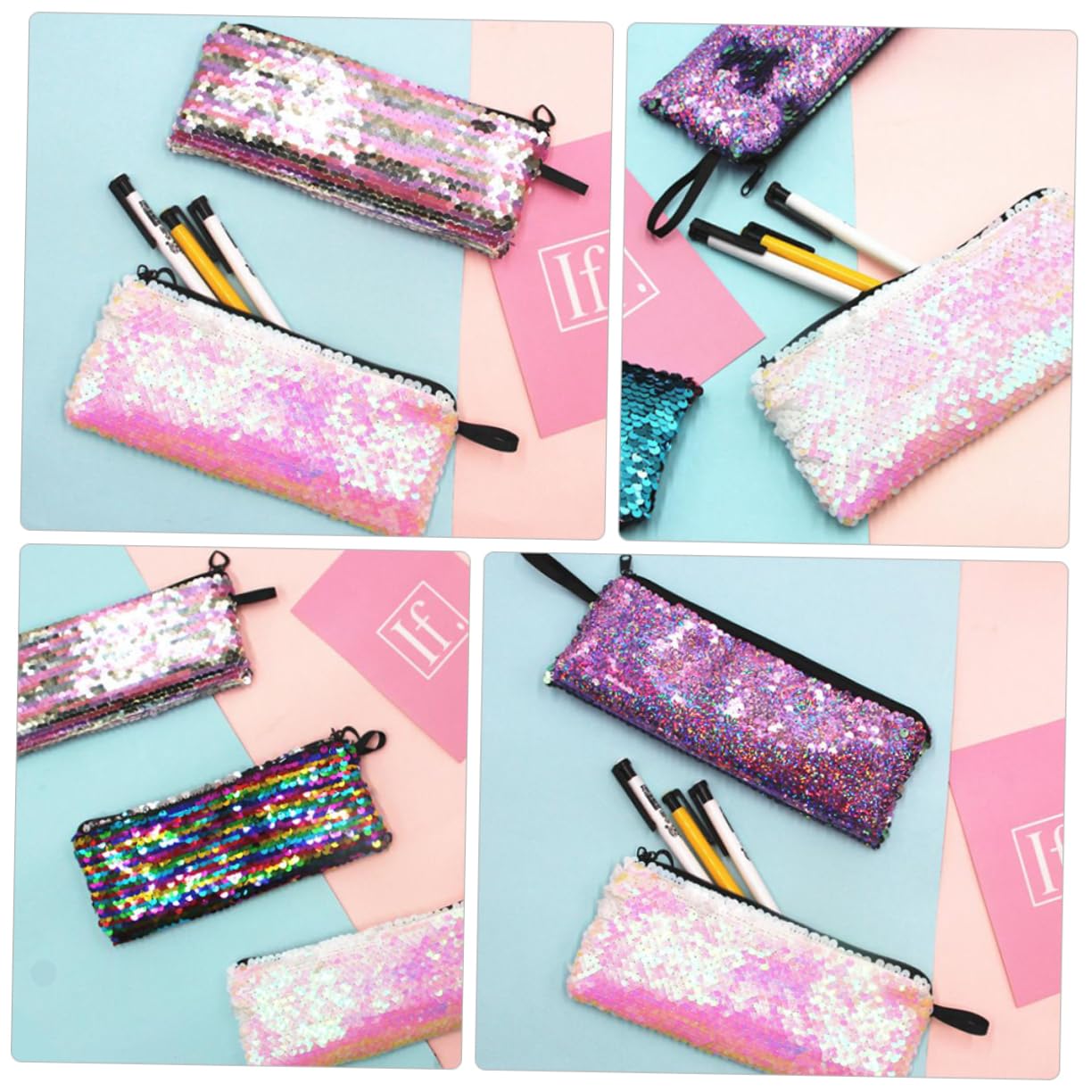 SEWACC Estuche para Lápices De Lentejuelas De 14 Piezas Bolsa De Almacenamiento De Cable De Datos Bolsa De Cosméticos Estuche Reversible para Bolígrafos De Lentejuelas con Cremallera